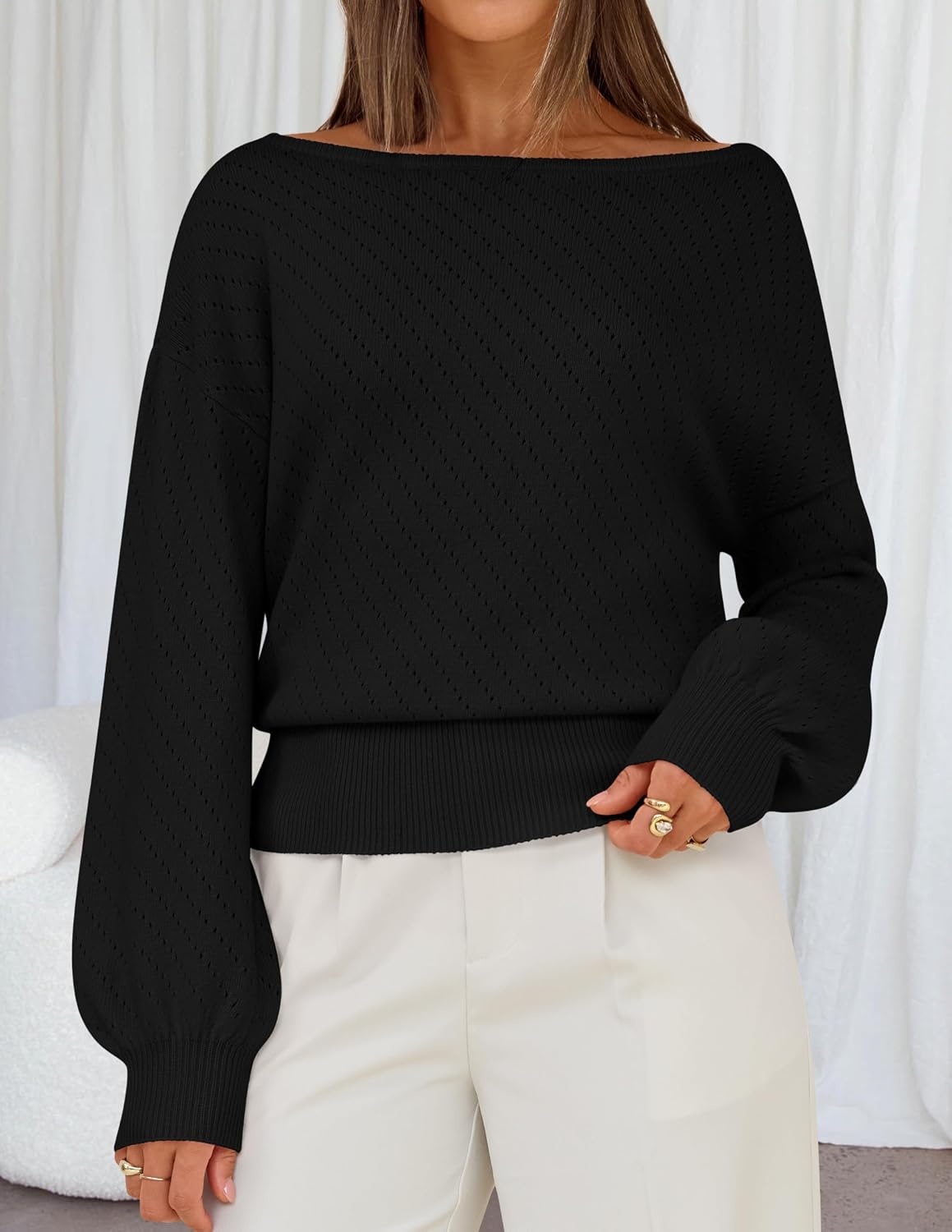 image:imageMEROKEETY Womens Boat Neck Long Lantern Sleeve Sweaters 2026 Dressy Casual Hollow Out Knitted Cozy Loose Ribbed Hem Pullover Trendy Drop Shoulder Jumper Top Fall Fashion Layering Winter ClothingBlack