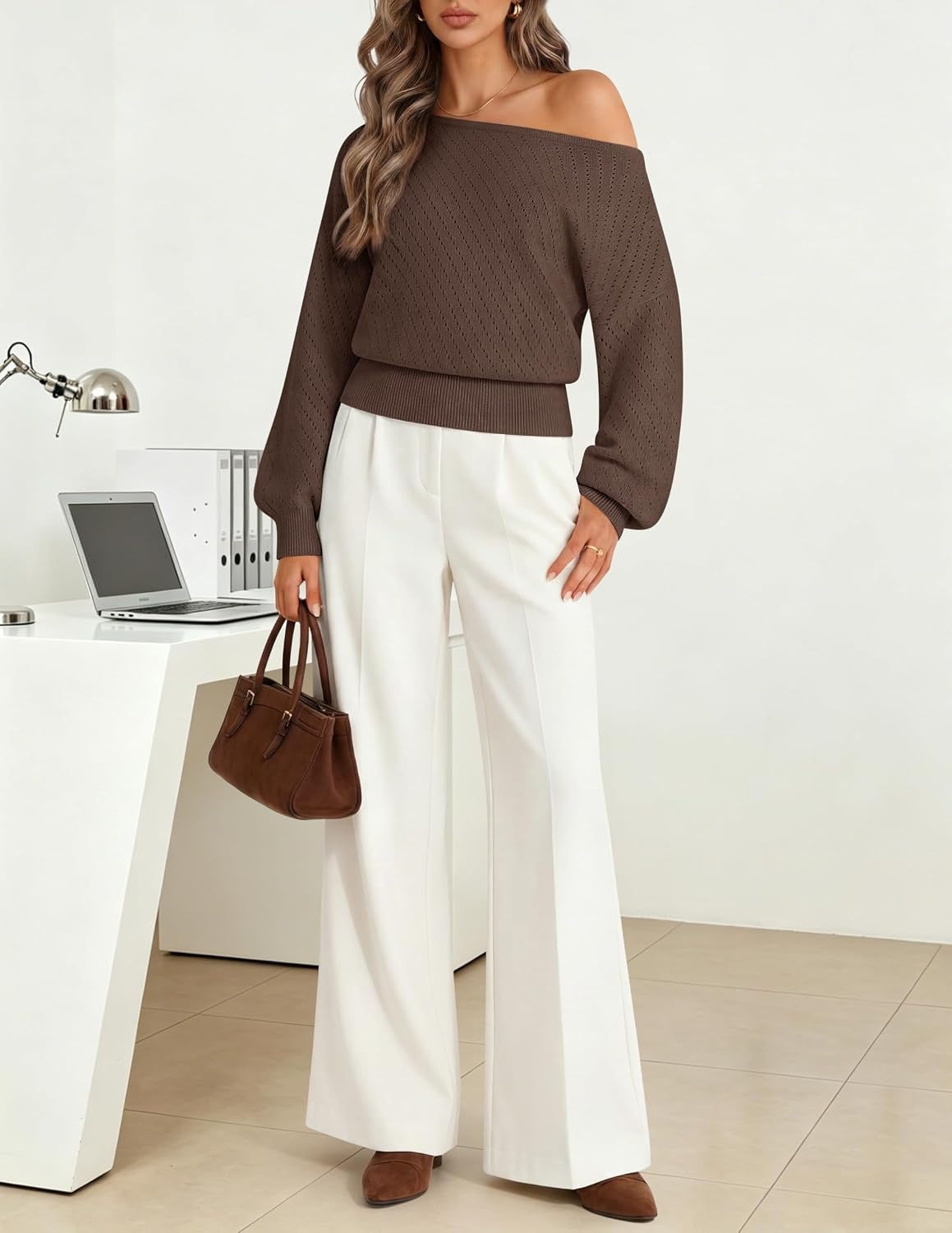 image:imageMEROKEETY Womens Boat Neck Long Lantern Sleeve Sweaters 2026 Dressy Casual Hollow Out Knitted Cozy Loose Ribbed Hem Pullover Trendy Drop Shoulder Jumper Top Fall Fashion Layering Winter ClothingCoffee