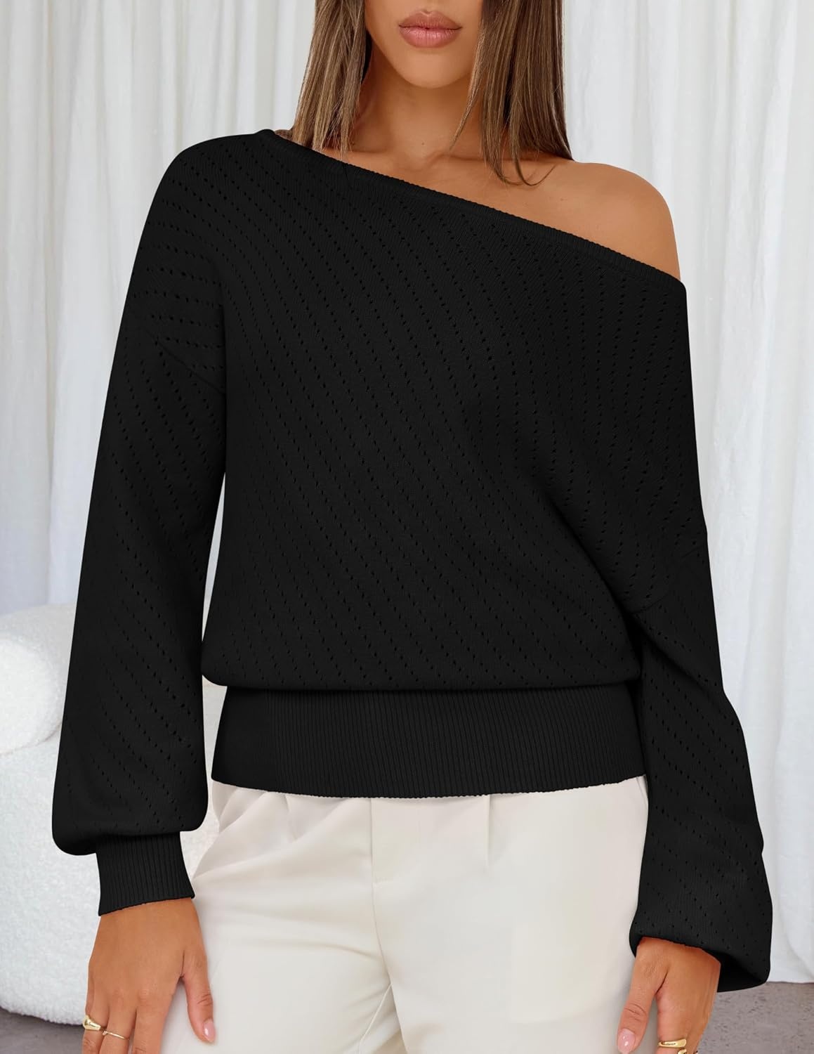 image:imageMEROKEETY Womens Boat Neck Long Lantern Sleeve Sweaters 2026 Dressy Casual Hollow Out Knitted Cozy Loose Ribbed Hem Pullover Trendy Drop Shoulder Jumper Top Fall Fashion Layering Winter ClothingBlack