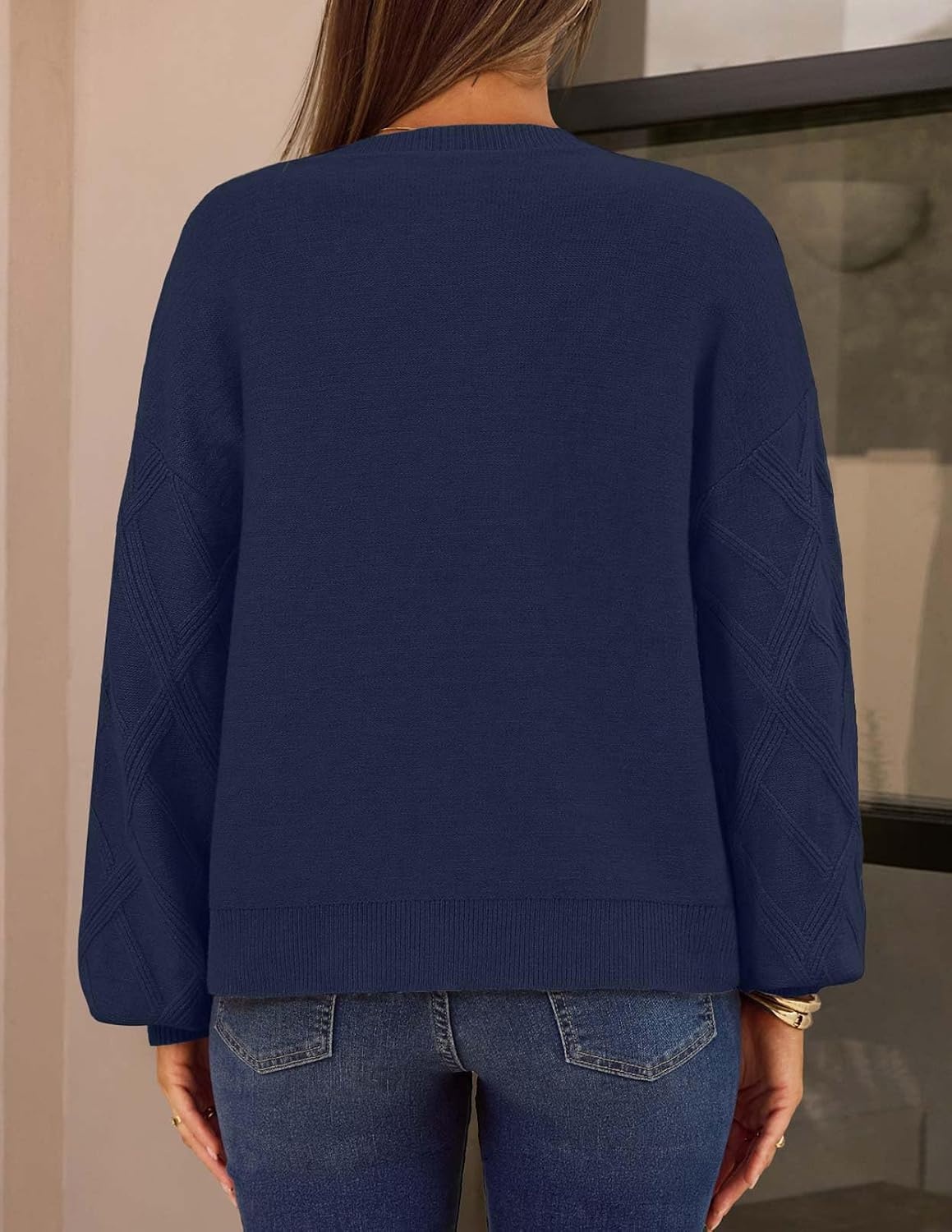 image:imageMEROKEETY Womens Cable Knit Cardigan Sweaters Trendy Fall Sweater 2026 Long Lantern Sleeve Button Up Cardigans Ribbed Hem Dropped Shoulder Stretchy Knit Cute Open Front Coats Winter ClothesNavy