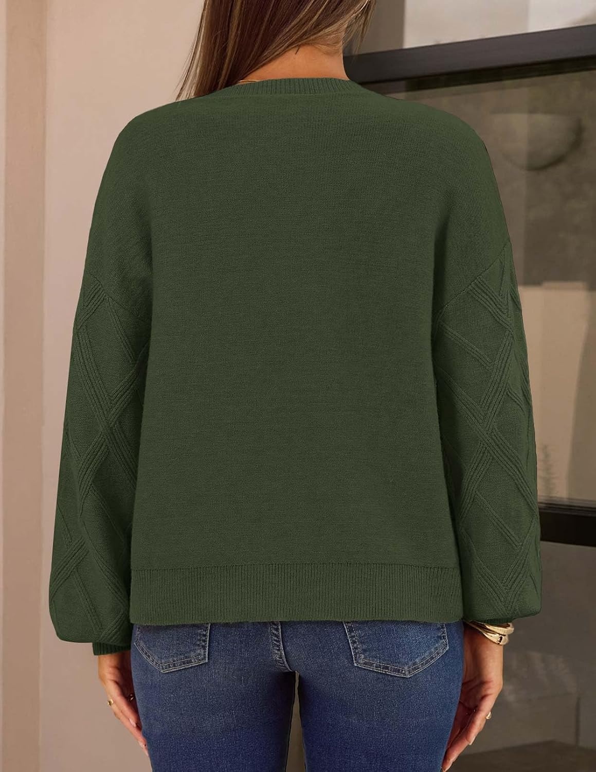 image:imageMEROKEETY Womens Cable Knit Cardigan Sweaters Trendy Fall Sweater 2026 Long Lantern Sleeve Button Up Cardigans Ribbed Hem Dropped Shoulder Stretchy Knit Cute Open Front Coats Winter ClothesArmygreen