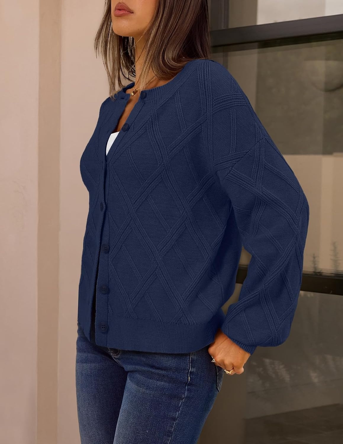 image:imageMEROKEETY Womens Cable Knit Cardigan Sweaters Trendy Fall Sweater 2026 Long Lantern Sleeve Button Up Cardigans Ribbed Hem Dropped Shoulder Stretchy Knit Cute Open Front Coats Winter ClothesNavy