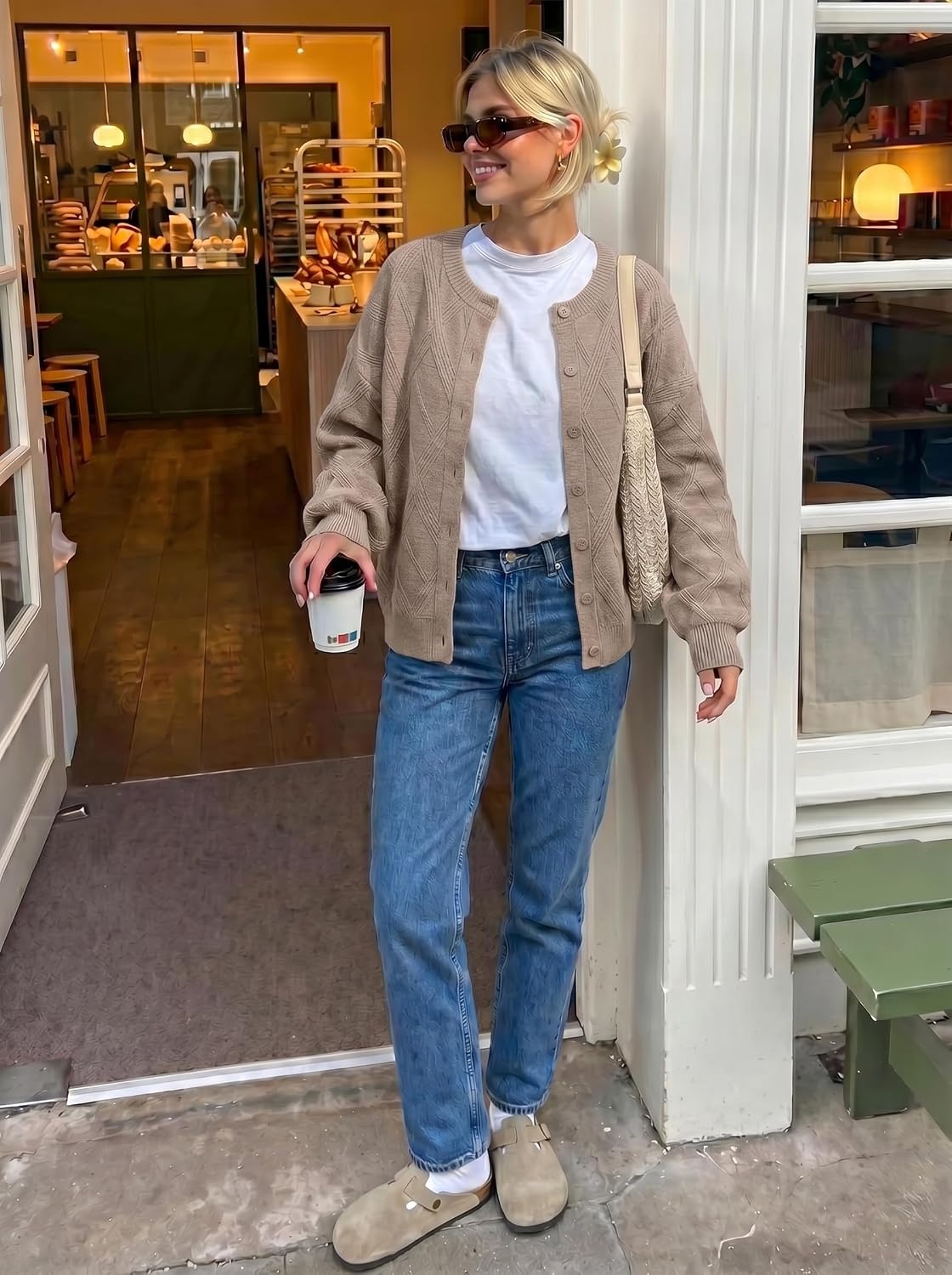 image:imageMEROKEETY Womens Cable Knit Cardigan Sweaters Trendy Fall Sweater 2026 Long Lantern Sleeve Button Up Cardigans Ribbed Hem Dropped Shoulder Stretchy Knit Cute Open Front Coats Winter ClothesCashmere