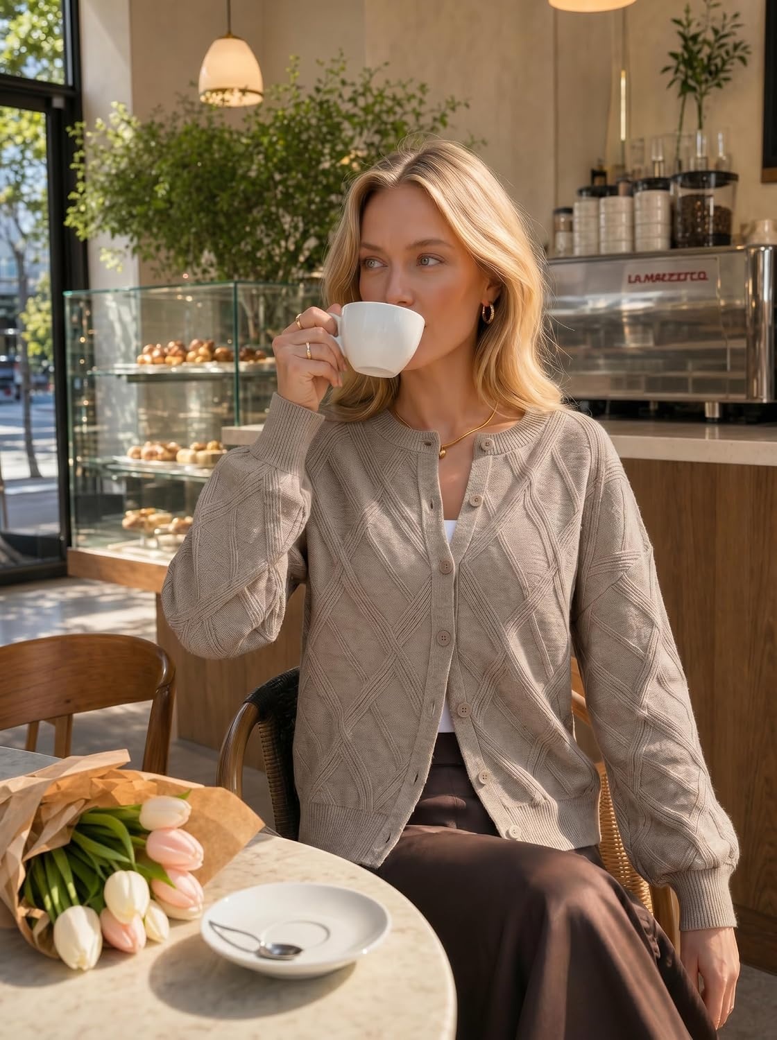 image:imageMEROKEETY Womens Cable Knit Cardigan Sweaters Trendy Fall Sweater 2026 Long Lantern Sleeve Button Up Cardigans Ribbed Hem Dropped Shoulder Stretchy Knit Cute Open Front Coats Winter ClothesCashmere