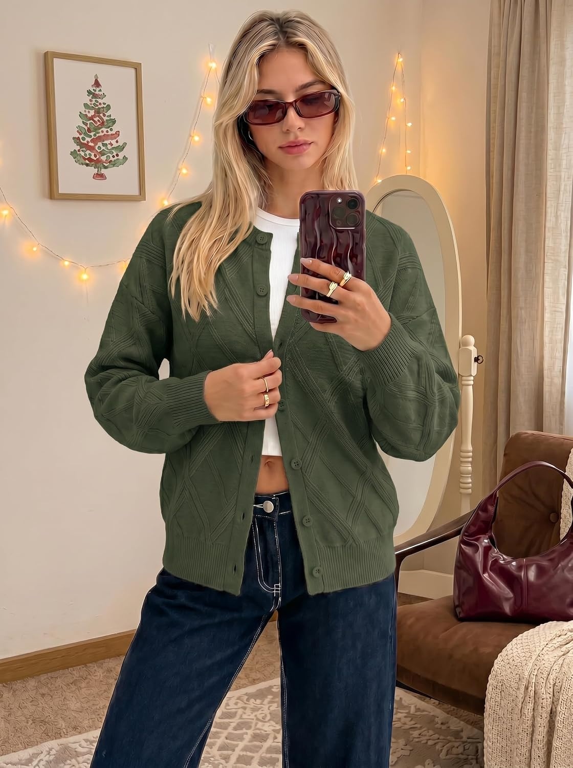 image:imageMEROKEETY Womens Cable Knit Cardigan Sweaters Trendy Fall Sweater 2026 Long Lantern Sleeve Button Up Cardigans Ribbed Hem Dropped Shoulder Stretchy Knit Cute Open Front Coats Winter ClothesArmygreen