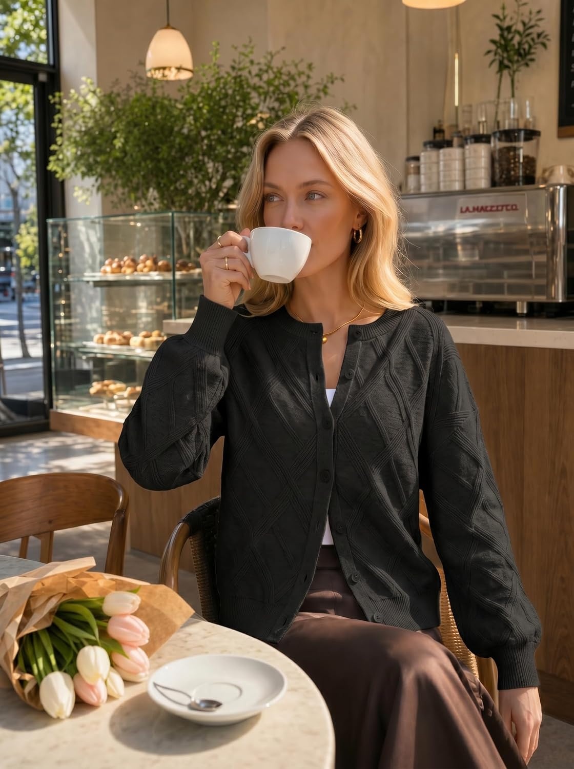 image:imageMEROKEETY Womens Cable Knit Cardigan Sweaters Trendy Fall Sweater 2026 Long Lantern Sleeve Button Up Cardigans Ribbed Hem Dropped Shoulder Stretchy Knit Cute Open Front Coats Winter ClothesBlack