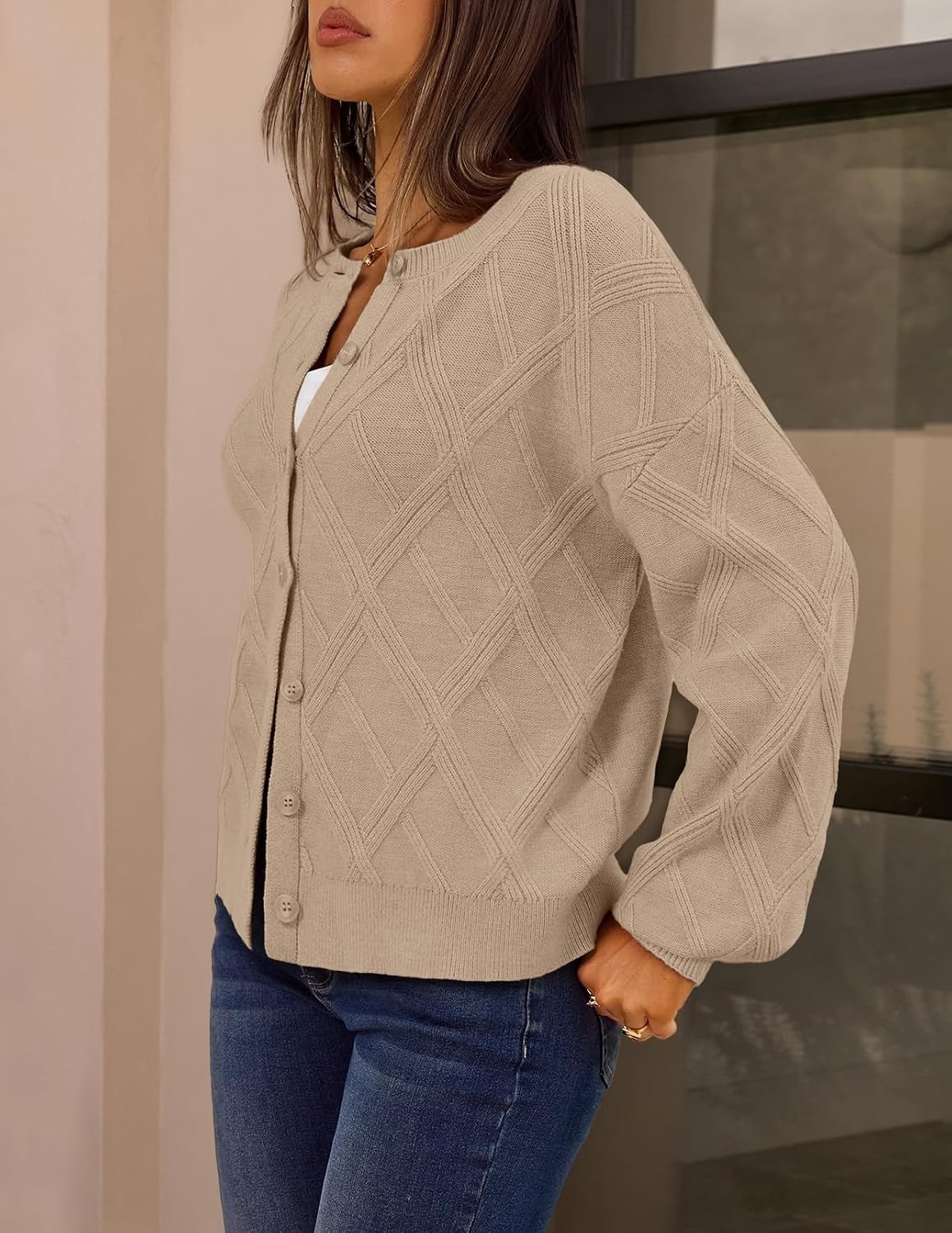 image:imageMEROKEETY Womens Cable Knit Cardigan Sweaters Trendy Fall Sweater 2026 Long Lantern Sleeve Button Up Cardigans Ribbed Hem Dropped Shoulder Stretchy Knit Cute Open Front Coats Winter ClothesSand