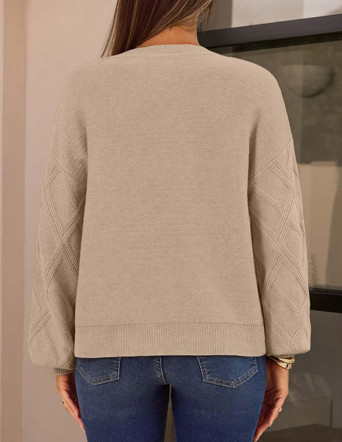 image:imageMEROKEETY Womens Cable Knit Cardigan Sweaters Trendy Fall Sweater 2026 Long Lantern Sleeve Button Up Cardigans Ribbed Hem Dropped Shoulder Stretchy Knit Cute Open Front Coats Winter ClothesSand