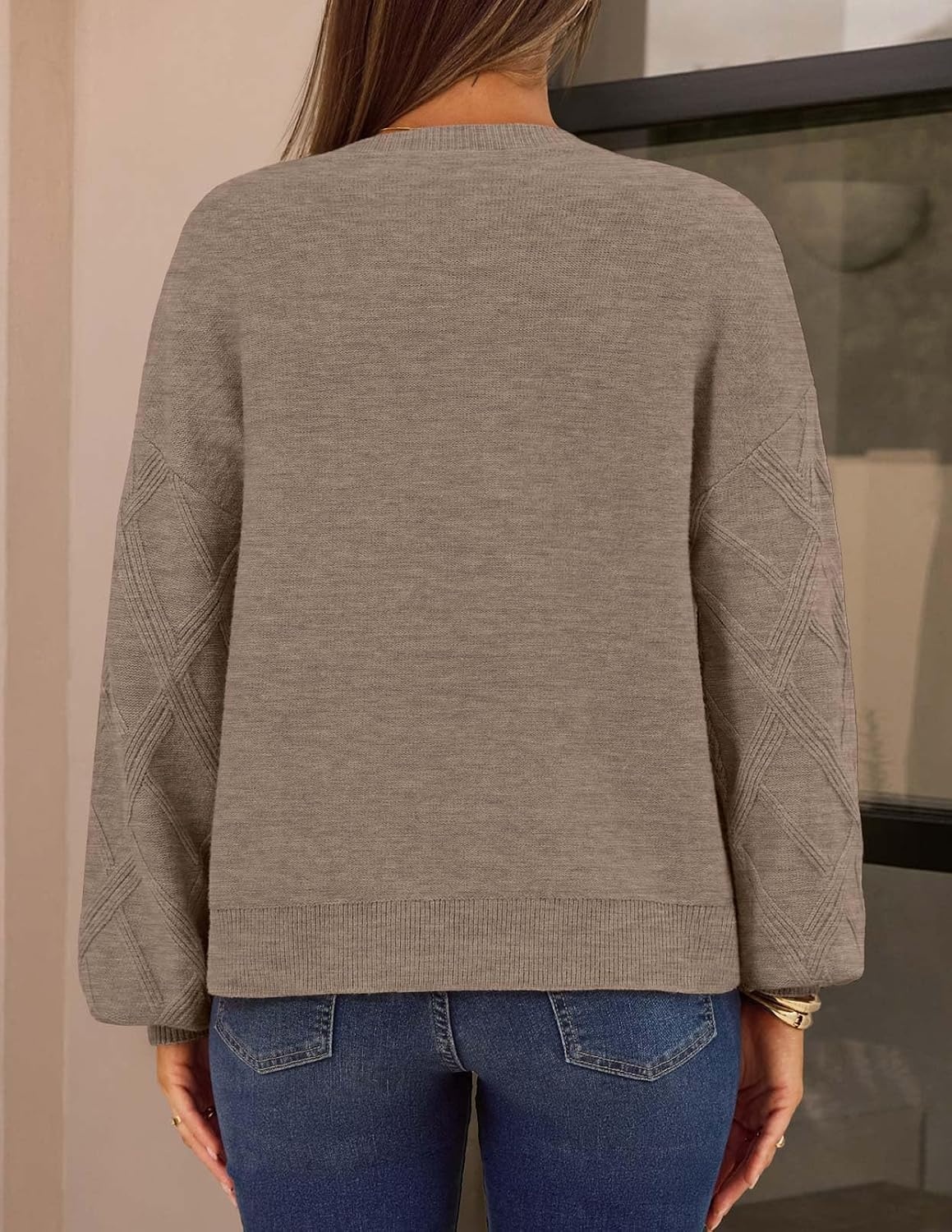 image:imageMEROKEETY Womens Cable Knit Cardigan Sweaters Trendy Fall Sweater 2026 Long Lantern Sleeve Button Up Cardigans Ribbed Hem Dropped Shoulder Stretchy Knit Cute Open Front Coats Winter ClothesCashmere