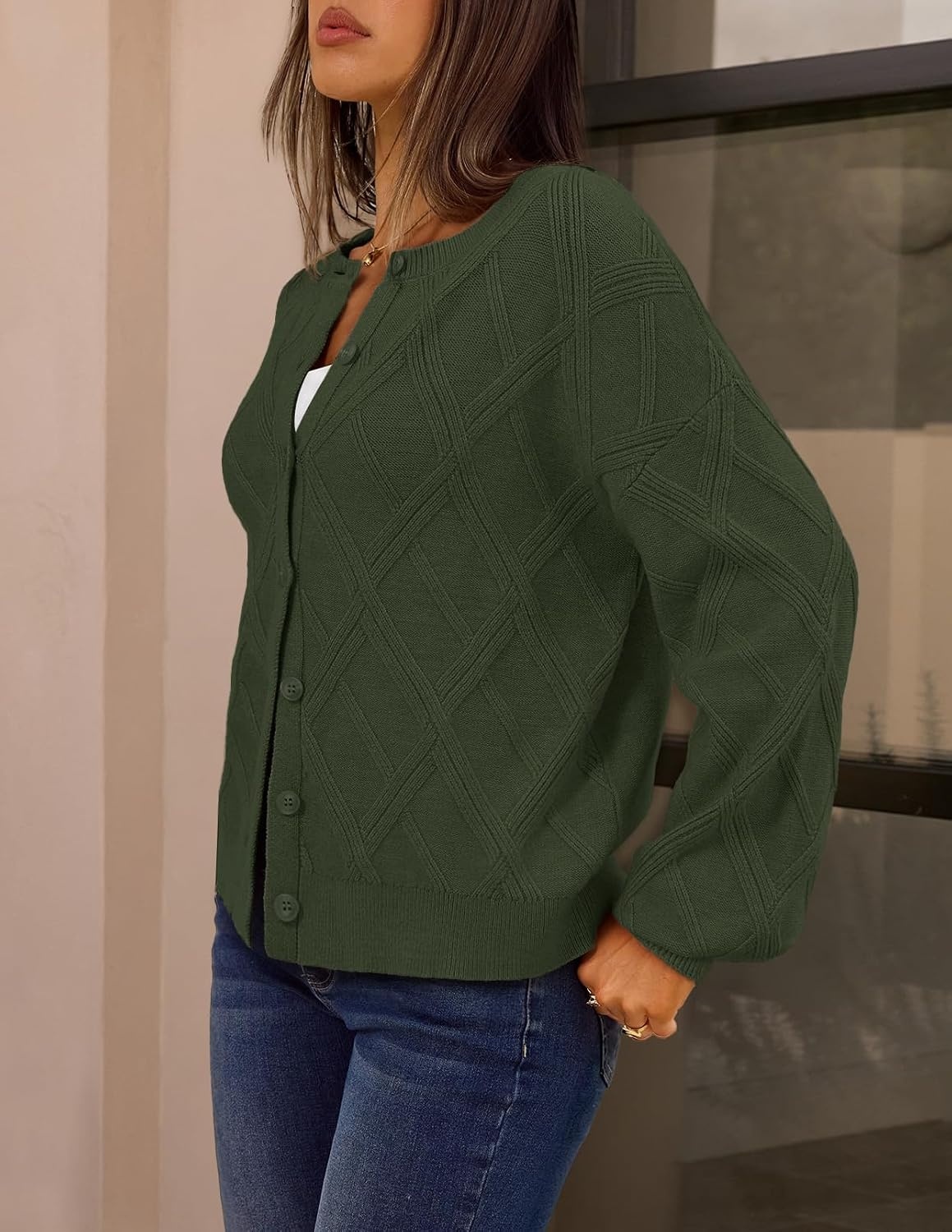 image:imageMEROKEETY Womens Cable Knit Cardigan Sweaters Trendy Fall Sweater 2026 Long Lantern Sleeve Button Up Cardigans Ribbed Hem Dropped Shoulder Stretchy Knit Cute Open Front Coats Winter ClothesArmygreen