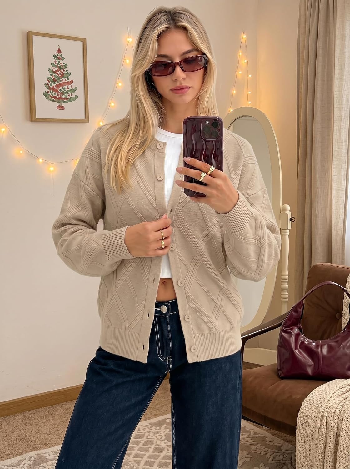 image:imageMEROKEETY Womens Cable Knit Cardigan Sweaters Trendy Fall Sweater 2026 Long Lantern Sleeve Button Up Cardigans Ribbed Hem Dropped Shoulder Stretchy Knit Cute Open Front Coats Winter ClothesSand