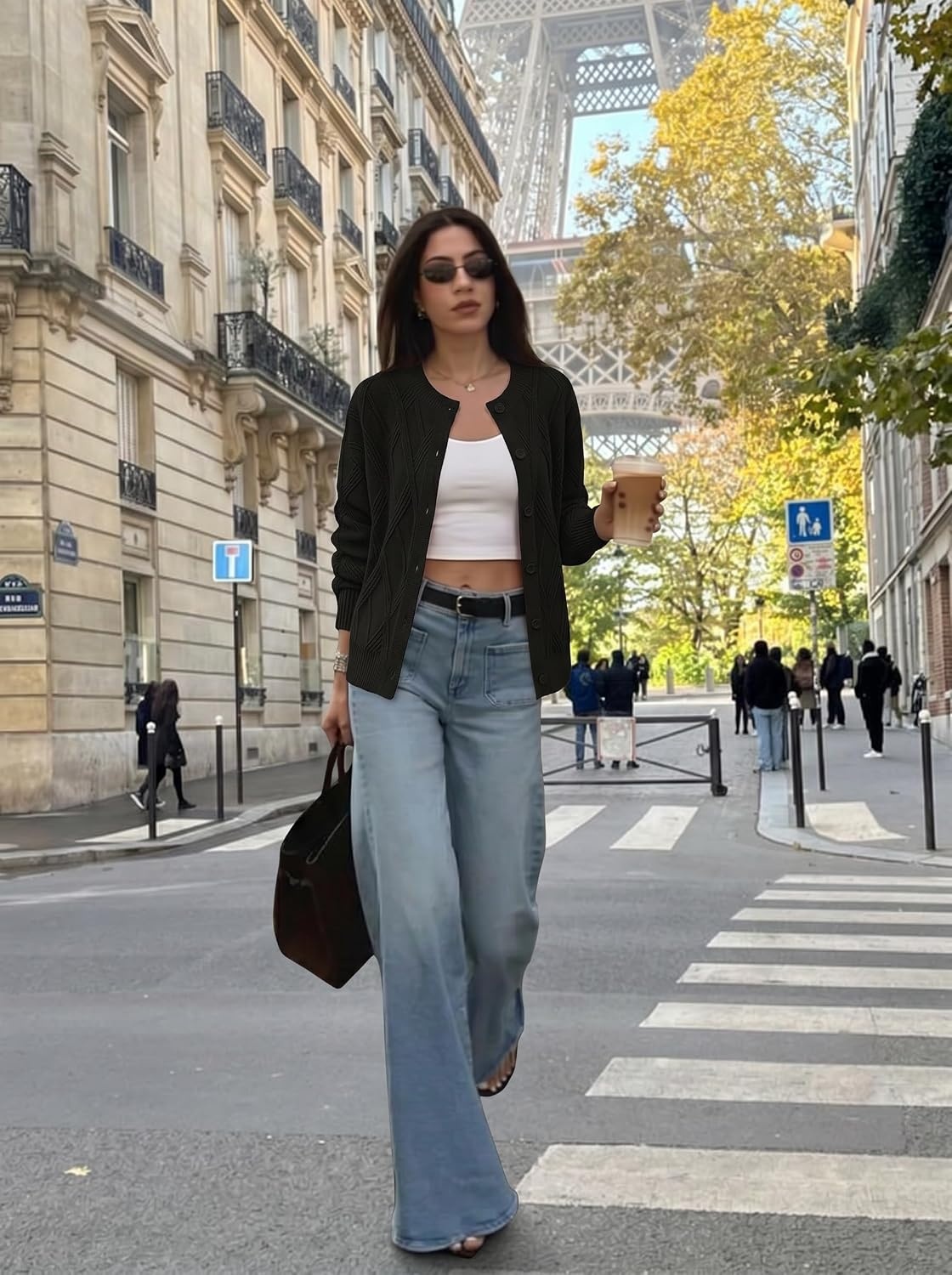 image:imageMEROKEETY Womens Cable Knit Cardigan Sweaters Trendy Fall Sweater 2026 Long Lantern Sleeve Button Up Cardigans Ribbed Hem Dropped Shoulder Stretchy Knit Cute Open Front Coats Winter ClothesBlack