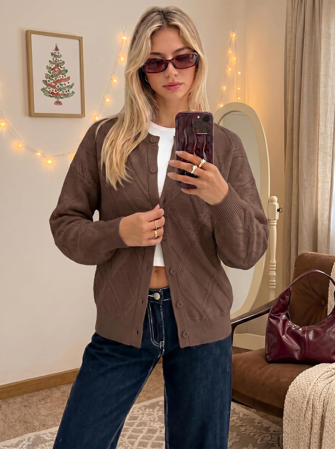 image:imageMEROKEETY Womens Cable Knit Cardigan Sweaters Trendy Fall Sweater 2026 Long Lantern Sleeve Button Up Cardigans Ribbed Hem Dropped Shoulder Stretchy Knit Cute Open Front Coats Winter ClothesCoffee