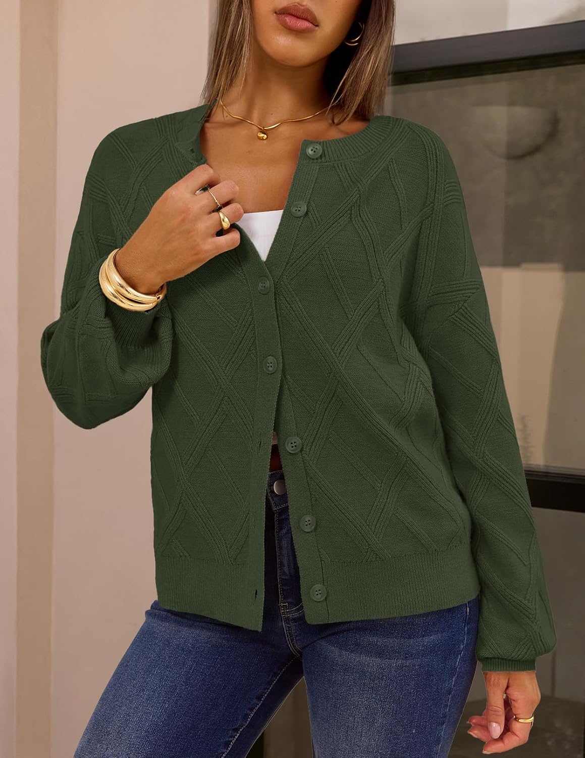image:imageMEROKEETY Womens Cable Knit Cardigan Sweaters Trendy Fall Sweater 2026 Long Lantern Sleeve Button Up Cardigans Ribbed Hem Dropped Shoulder Stretchy Knit Cute Open Front Coats Winter ClothesArmygreen