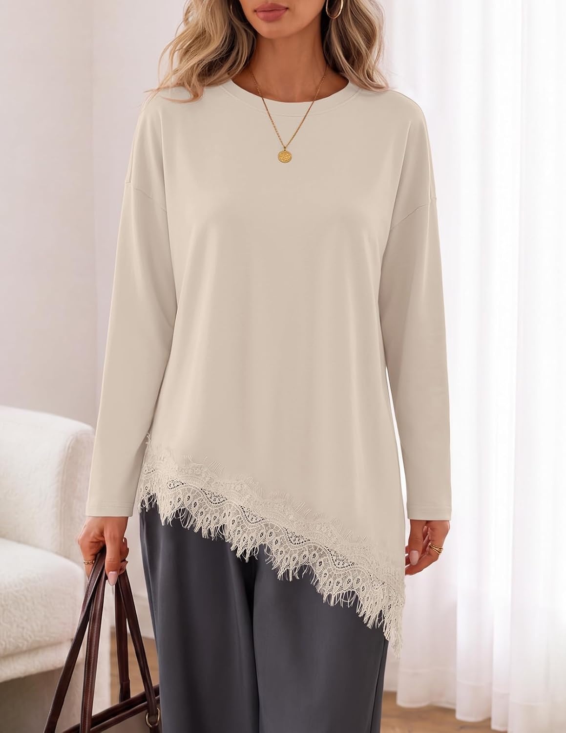 image:imageMEROKEETY Womens Fall Asymmetric Lace Long Sleeve Top 2026 Crew Neck Drop Shoulder Loose Fit Cotton Blend Soft Stretchy Going Out Clothes Dressy Casual Blouse Trendy T ShirtsSand