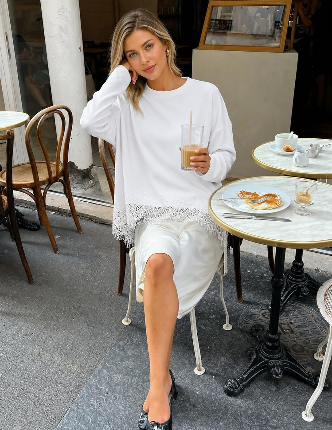 image:imageMEROKEETY Womens Fall Asymmetric Lace Long Sleeve Top 2026 Crew Neck Drop Shoulder Loose Fit Cotton Blend Soft Stretchy Going Out Clothes Dressy Casual Blouse Trendy T ShirtsWhite