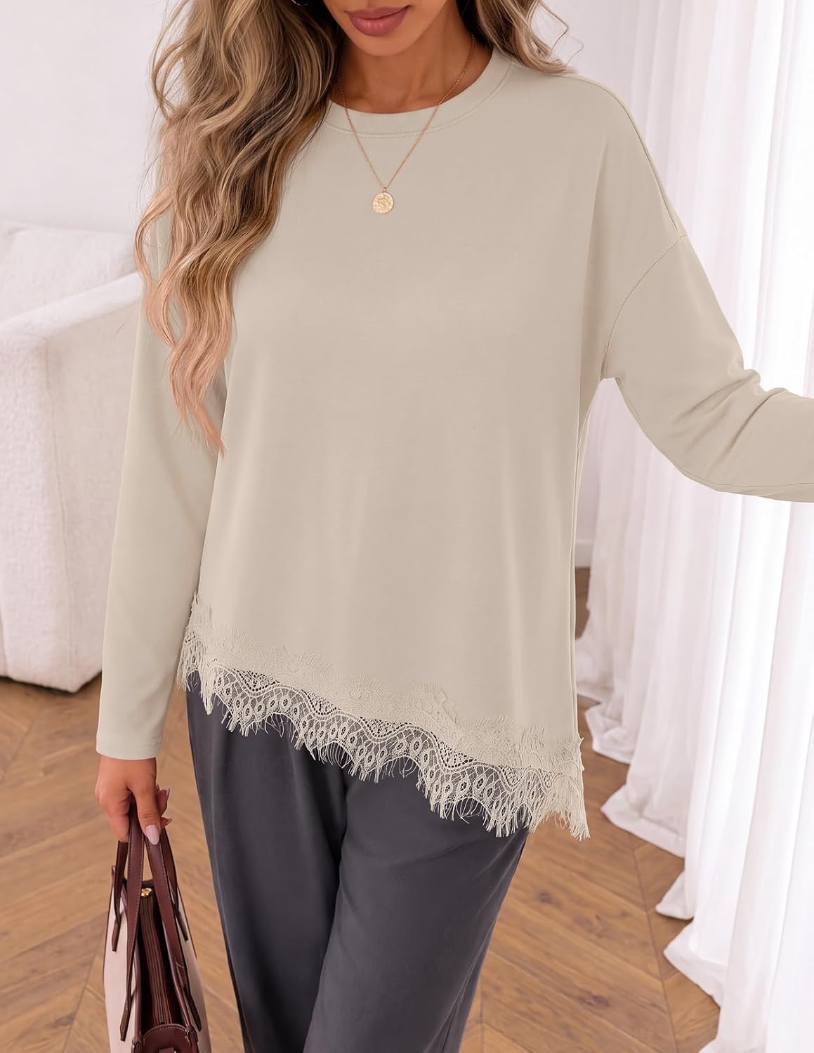 image:imageMEROKEETY Womens Fall Asymmetric Lace Long Sleeve Top 2026 Crew Neck Drop Shoulder Loose Fit Cotton Blend Soft Stretchy Going Out Clothes Dressy Casual Blouse Trendy T ShirtsSand