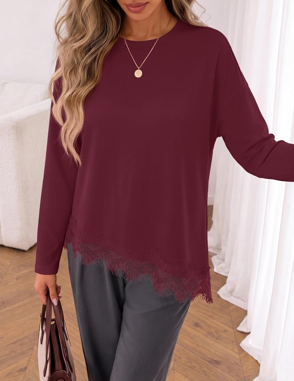 image:imageMEROKEETY Womens Fall Asymmetric Lace Long Sleeve Top 2026 Crew Neck Drop Shoulder Loose Fit Cotton Blend Soft Stretchy Going Out Clothes Dressy Casual Blouse Trendy T ShirtsBurgundy