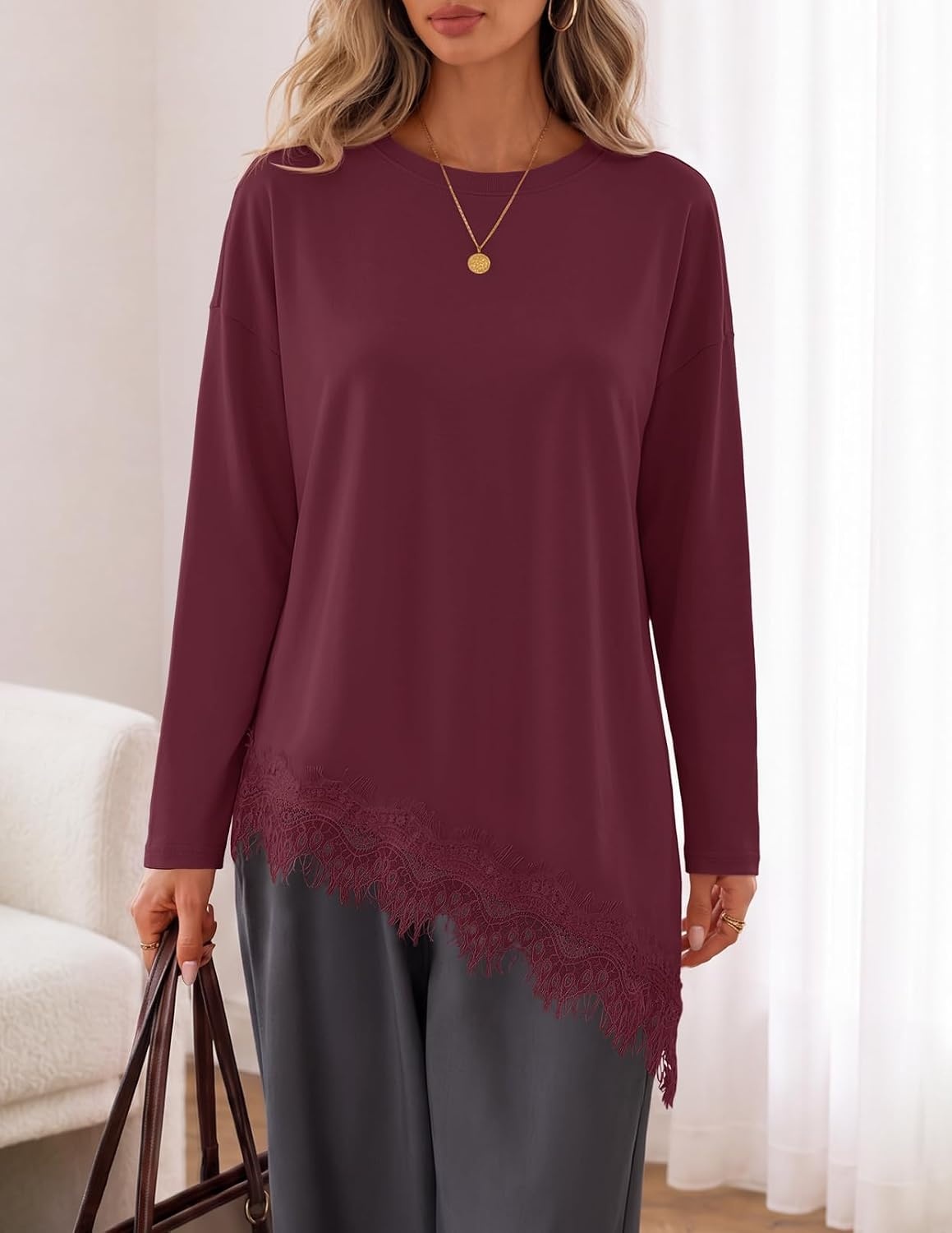 image:imageMEROKEETY Womens Fall Asymmetric Lace Long Sleeve Top 2026 Crew Neck Drop Shoulder Loose Fit Cotton Blend Soft Stretchy Going Out Clothes Dressy Casual Blouse Trendy T ShirtsBurgundy