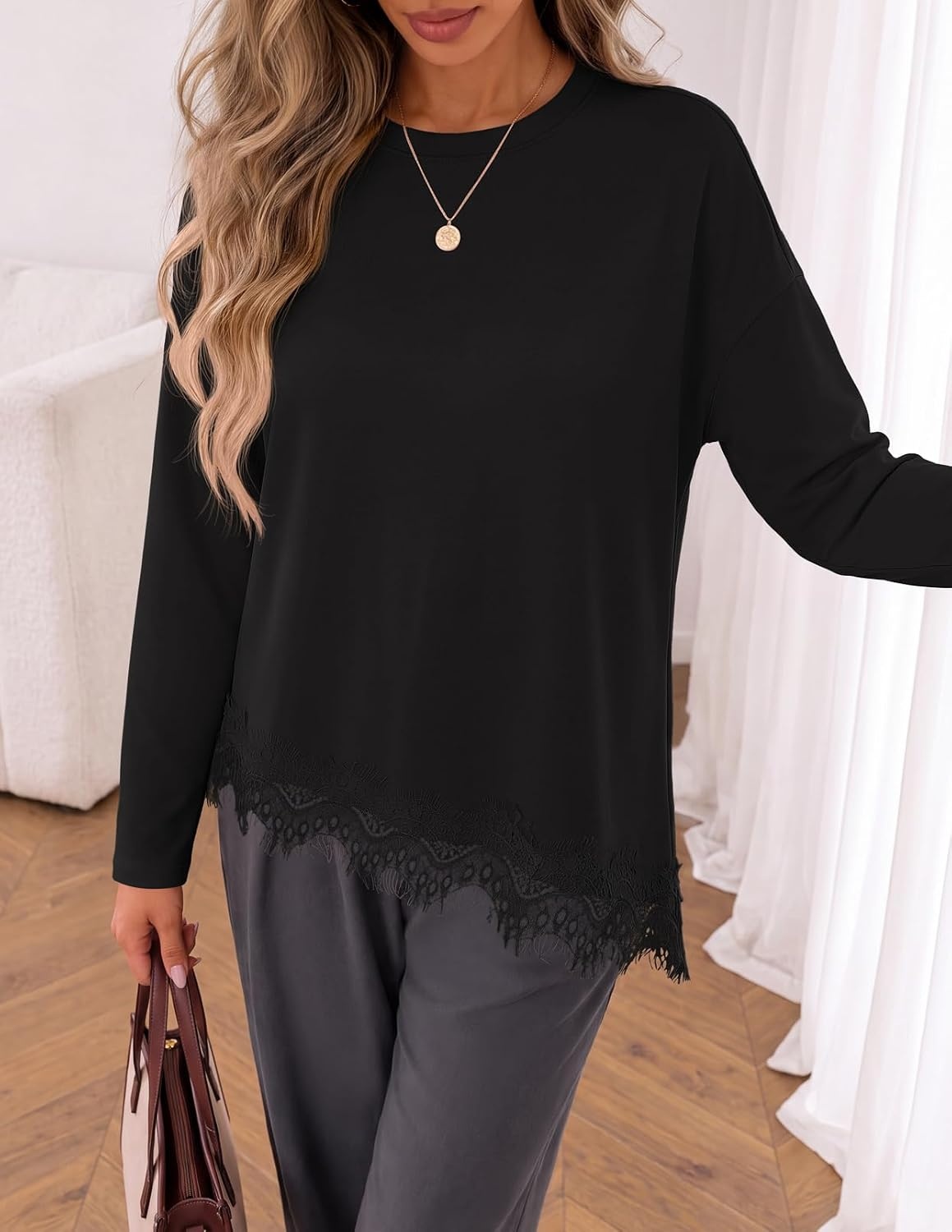 image:imageMEROKEETY Womens Fall Asymmetric Lace Long Sleeve Top 2026 Crew Neck Drop Shoulder Loose Fit Cotton Blend Soft Stretchy Going Out Clothes Dressy Casual Blouse Trendy T ShirtsBlack