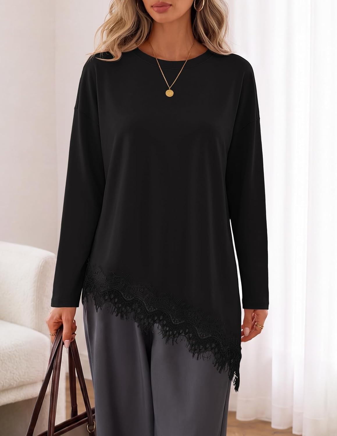 image:imageMEROKEETY Womens Fall Asymmetric Lace Long Sleeve Top 2026 Crew Neck Drop Shoulder Loose Fit Cotton Blend Soft Stretchy Going Out Clothes Dressy Casual Blouse Trendy T ShirtsBlack