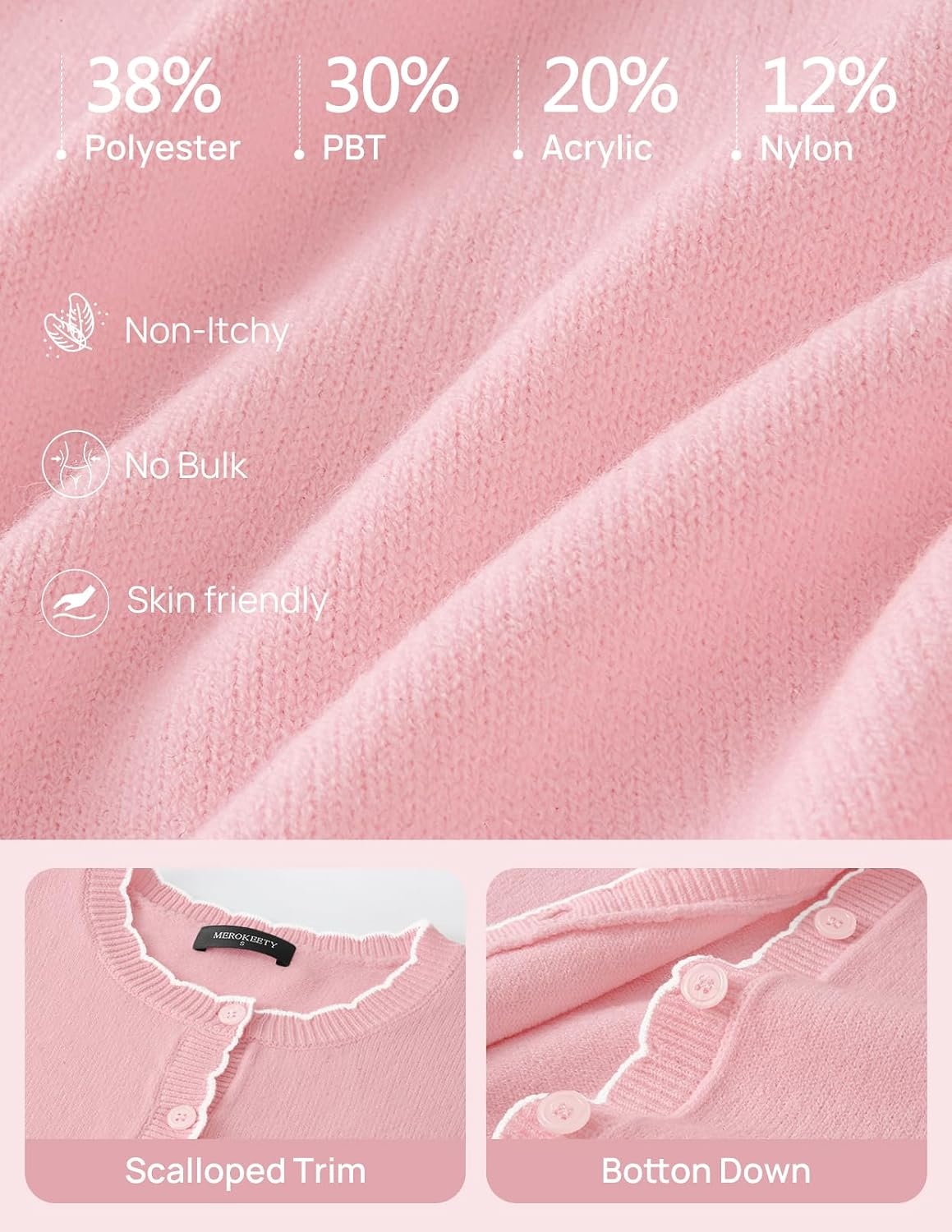 image:imageMEROKEETY Womens Fall Button Down Cute Cardigan Sweater Trendy 2026 Long Sleeve Open Front Coat Scalloped Ribbed Trim Cozy Knit Contrast Color Crewneck Regular Fit Casual OutfitsPink