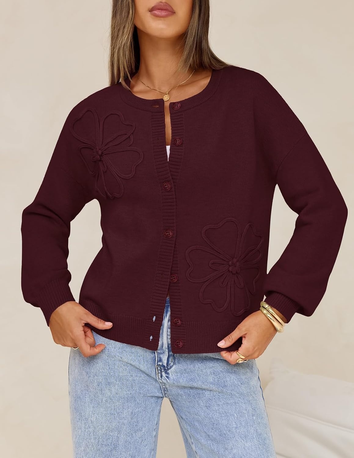 image:imageMEROKEETY Womens Fall Floral Button Up Lightweight Cardigan Sweater Trendy Long Sleeve 3D Flowers Ribbed Knit Details Soft Fabric Loose Fit Outfits Warm Cozy Sweaters 2026 Winter ClothesWine