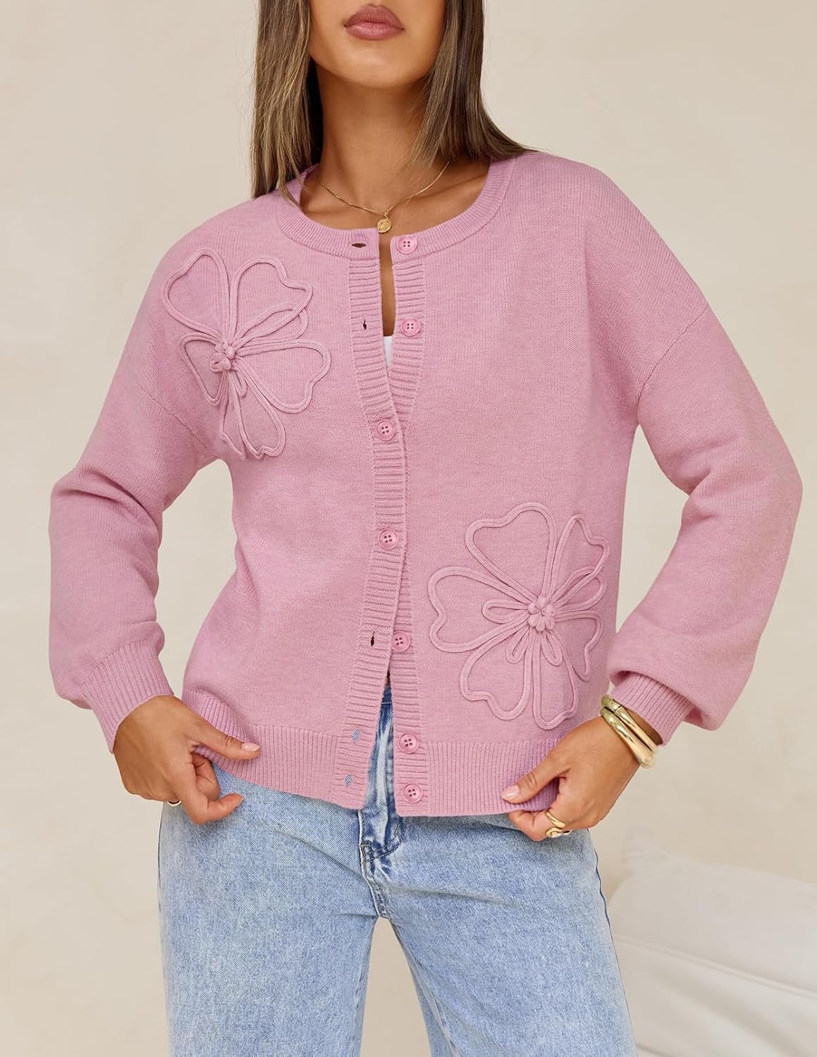 image:imageMEROKEETY Womens Fall Floral Button Up Lightweight Cardigan Sweater Trendy Long Sleeve 3D Flowers Ribbed Knit Details Soft Fabric Loose Fit Outfits Warm Cozy Sweaters 2026 Winter ClothesPink