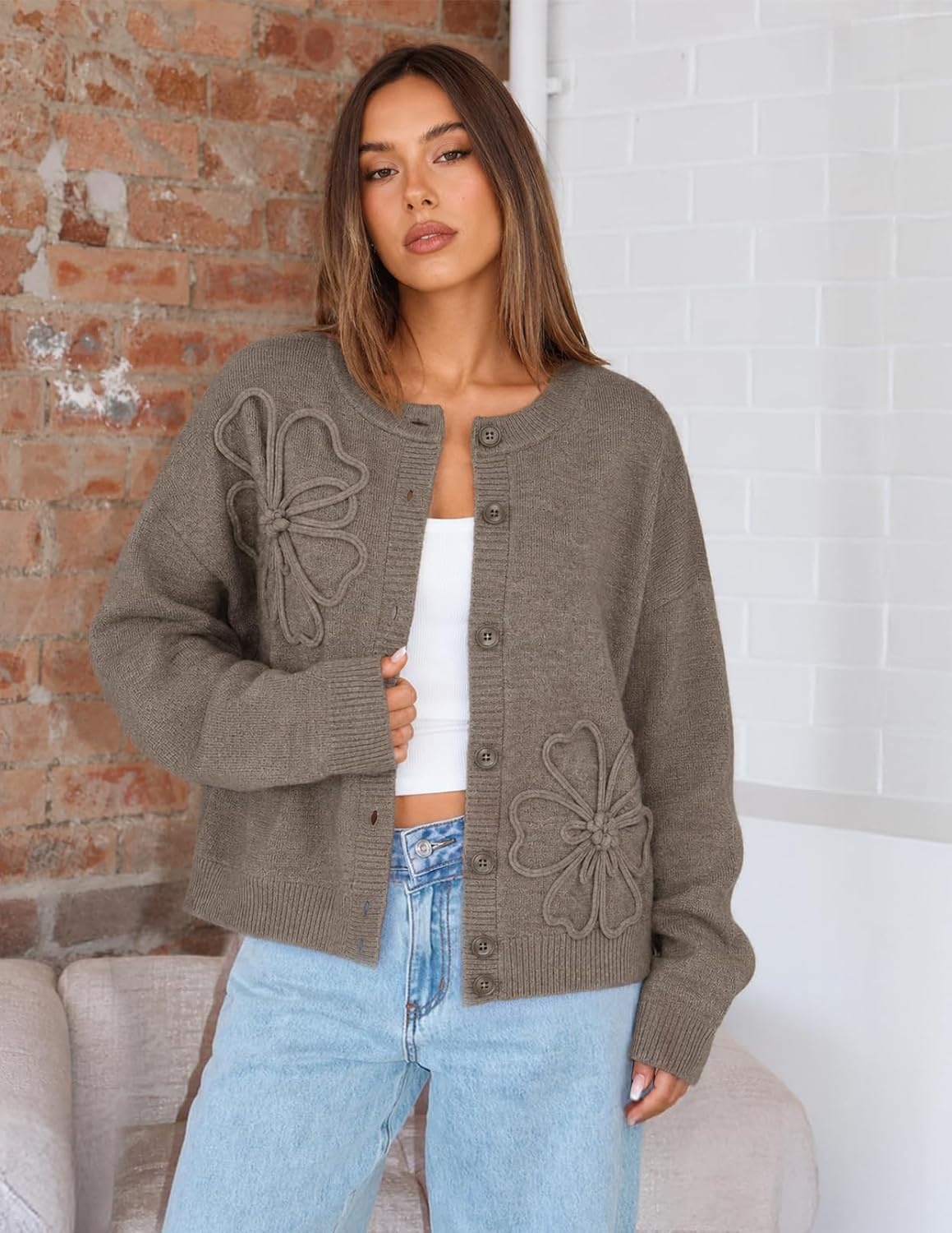image:imageMEROKEETY Womens Fall Floral Button Up Lightweight Cardigan Sweater Trendy Long Sleeve 3D Flowers Ribbed Knit Details Soft Fabric Loose Fit Outfits Warm Cozy Sweaters 2026 Winter ClothesMocha
