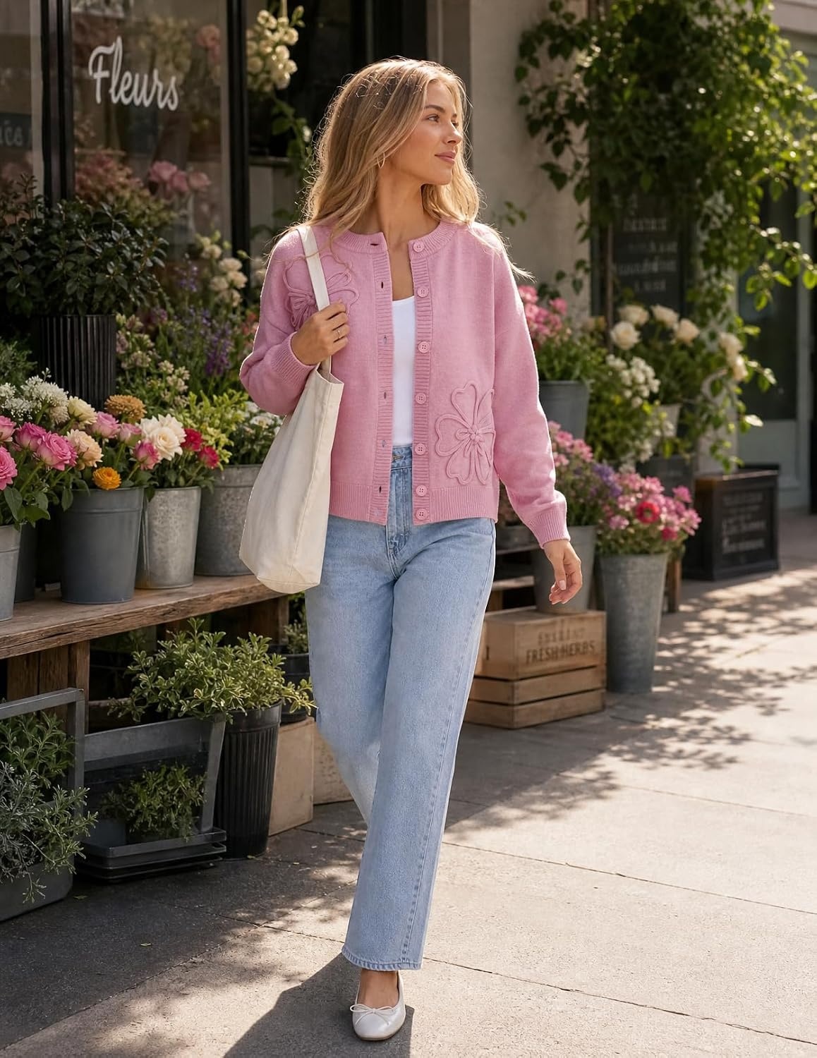 image:imageMEROKEETY Womens Fall Floral Button Up Lightweight Cardigan Sweater Trendy Long Sleeve 3D Flowers Ribbed Knit Details Soft Fabric Loose Fit Outfits Warm Cozy Sweaters 2026 Winter ClothesPink