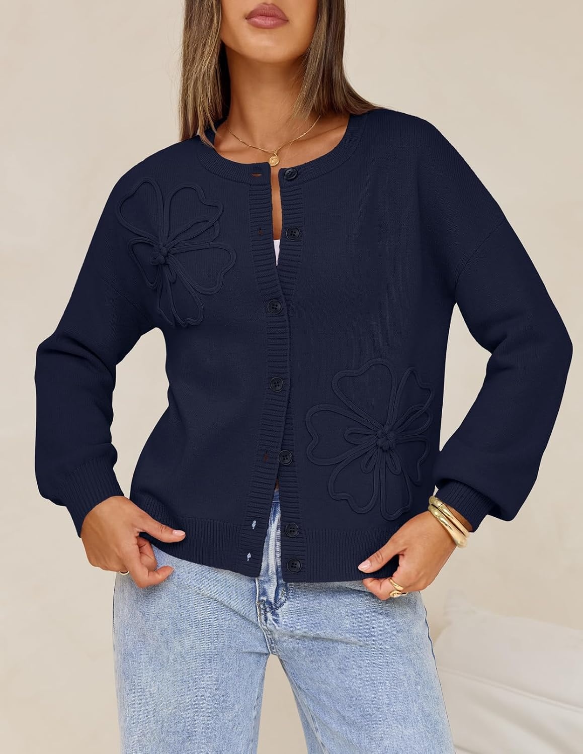 image:imageMEROKEETY Womens Fall Floral Button Up Lightweight Cardigan Sweater Trendy Long Sleeve 3D Flowers Ribbed Knit Details Soft Fabric Loose Fit Outfits Warm Cozy Sweaters 2026 Winter ClothesNavy