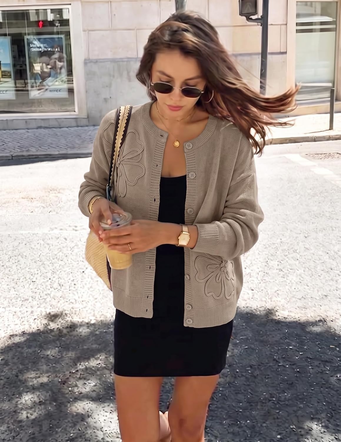 image:imageMEROKEETY Womens Fall Floral Button Up Lightweight Cardigan Sweater Trendy Long Sleeve 3D Flowers Ribbed Knit Details Soft Fabric Loose Fit Outfits Warm Cozy Sweaters 2026 Winter ClothesCamel