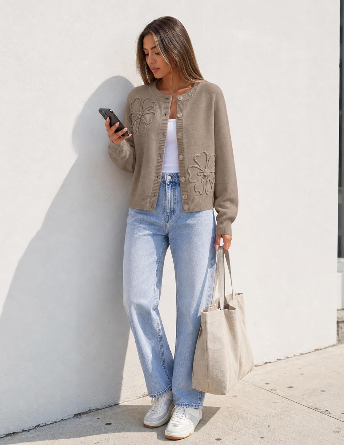 image:imageMEROKEETY Womens Fall Floral Button Up Lightweight Cardigan Sweater Trendy Long Sleeve 3D Flowers Ribbed Knit Details Soft Fabric Loose Fit Outfits Warm Cozy Sweaters 2026 Winter ClothesCamel