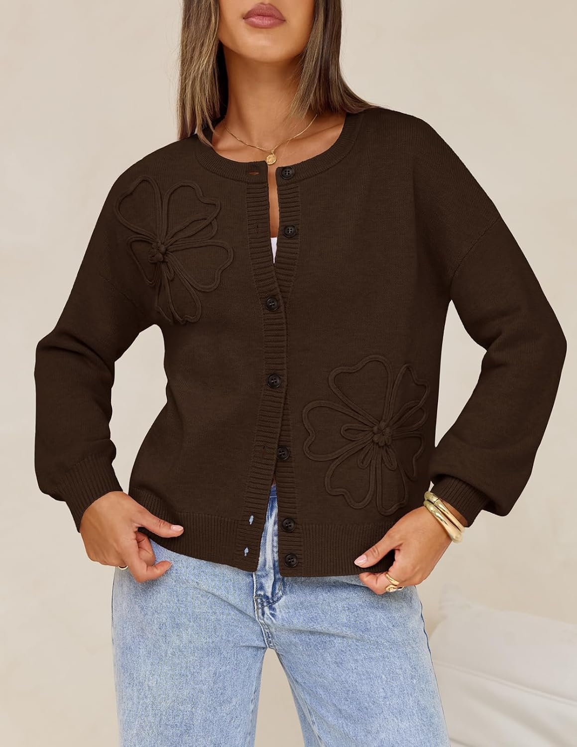 image:imageMEROKEETY Womens Fall Floral Button Up Lightweight Cardigan Sweater Trendy Long Sleeve 3D Flowers Ribbed Knit Details Soft Fabric Loose Fit Outfits Warm Cozy Sweaters 2026 Winter ClothesCoffee