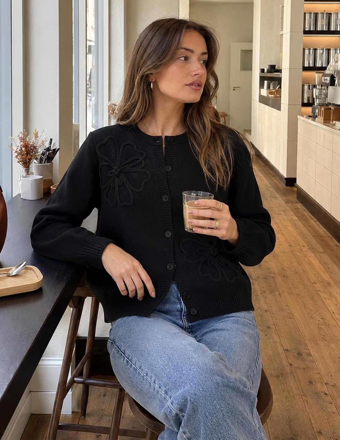 image:imageMEROKEETY Womens Fall Floral Button Up Lightweight Cardigan Sweater Trendy Long Sleeve 3D Flowers Ribbed Knit Details Soft Fabric Loose Fit Outfits Warm Cozy Sweaters 2026 Winter ClothesBlack