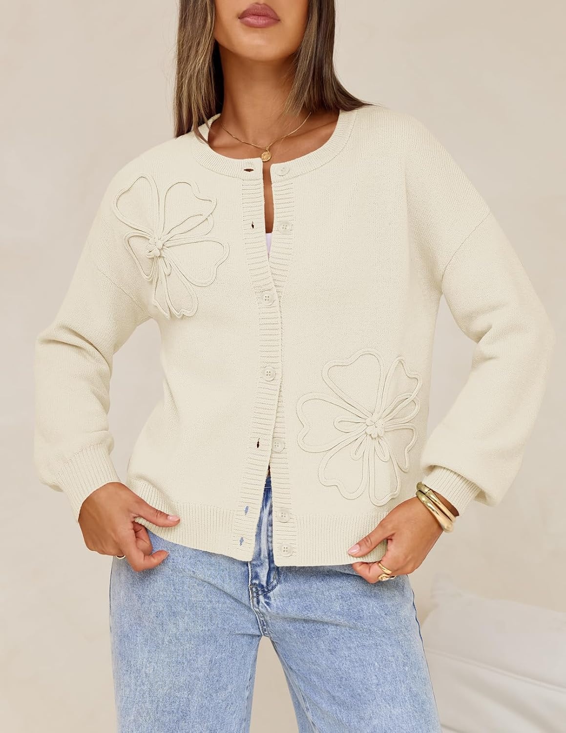 image:imageMEROKEETY Womens Fall Floral Button Up Lightweight Cardigan Sweater Trendy Long Sleeve 3D Flowers Ribbed Knit Details Soft Fabric Loose Fit Outfits Warm Cozy Sweaters 2026 Winter ClothesBeige