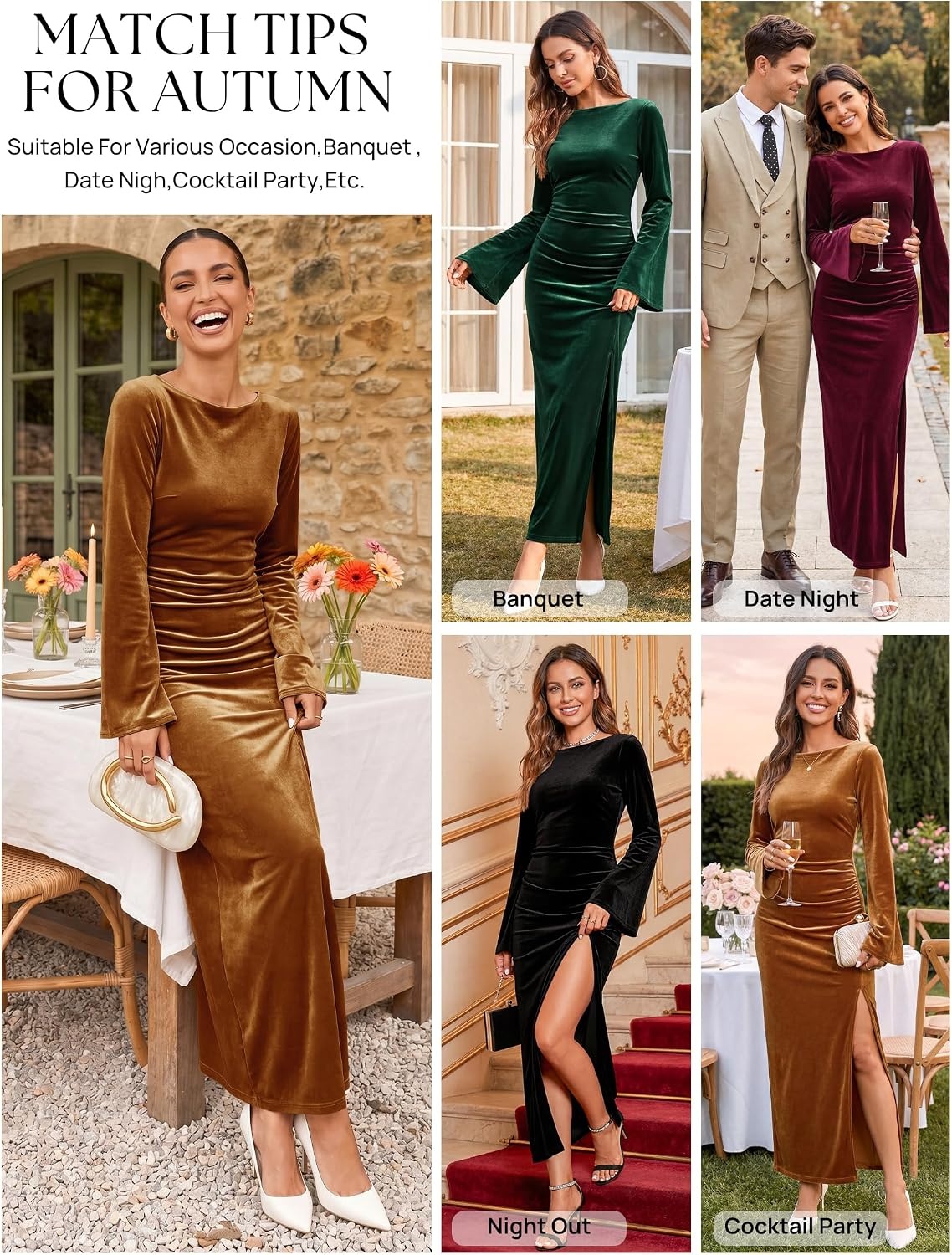 image:imageMEROKEETY Womens Fall Formal Long Sleeve Velvet Maxi Dress 2026 Bodycon Boat Neck Side Slit Ruched Details Solid Elegant Wedding Guest Cocktail Party Holiday Event Dinner FashionGolden