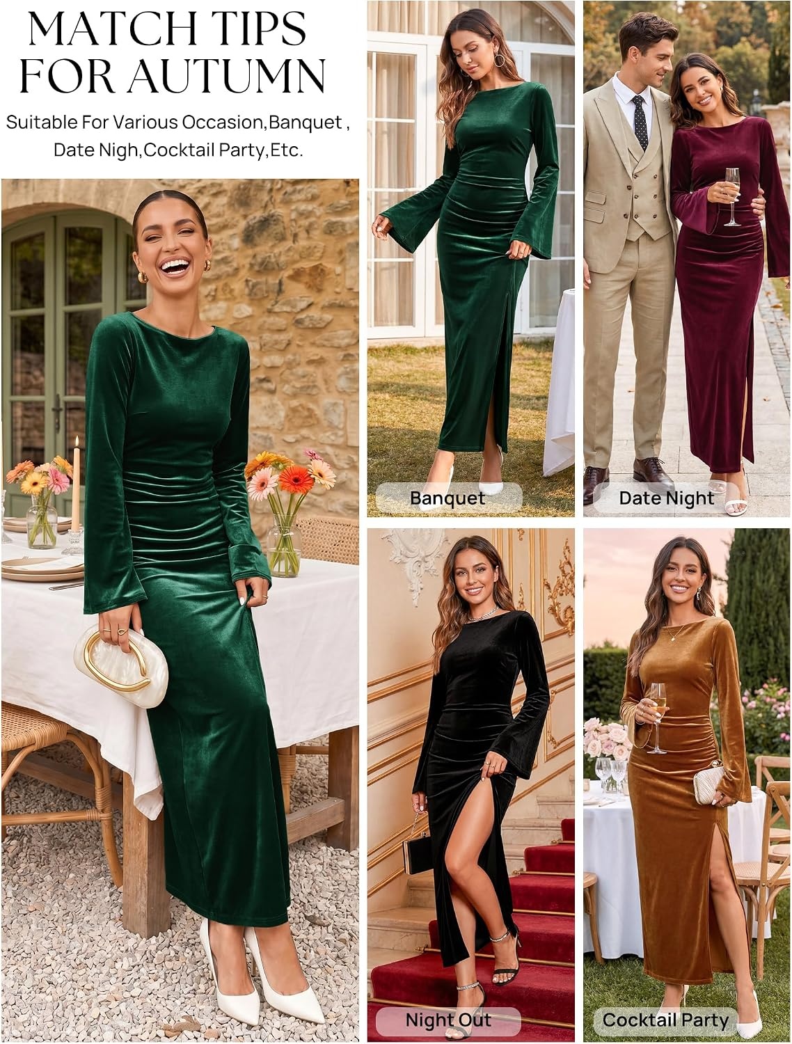 image:imageMEROKEETY Womens Fall Formal Long Sleeve Velvet Maxi Dress 2026 Bodycon Boat Neck Side Slit Ruched Details Solid Elegant Wedding Guest Cocktail Party Holiday Event Dinner FashionDarkgreen