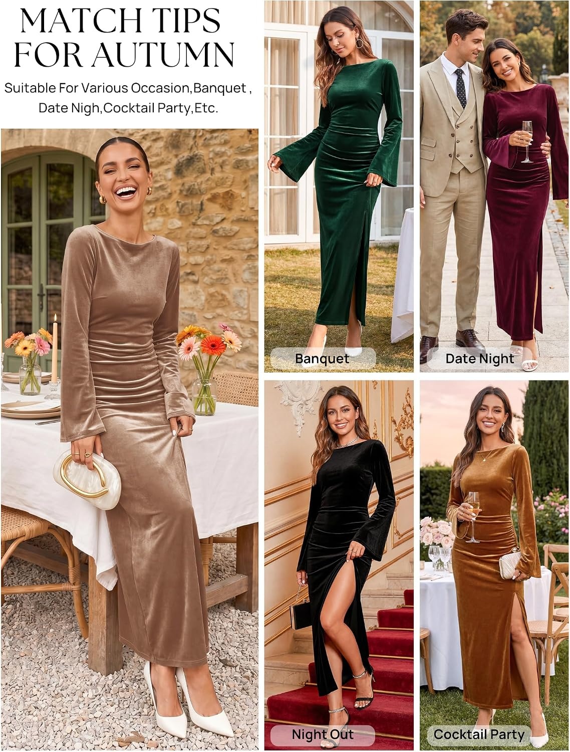 image:imageMEROKEETY Womens Fall Formal Long Sleeve Velvet Maxi Dress 2026 Bodycon Boat Neck Side Slit Ruched Details Solid Elegant Wedding Guest Cocktail Party Holiday Event Dinner FashionChampagne