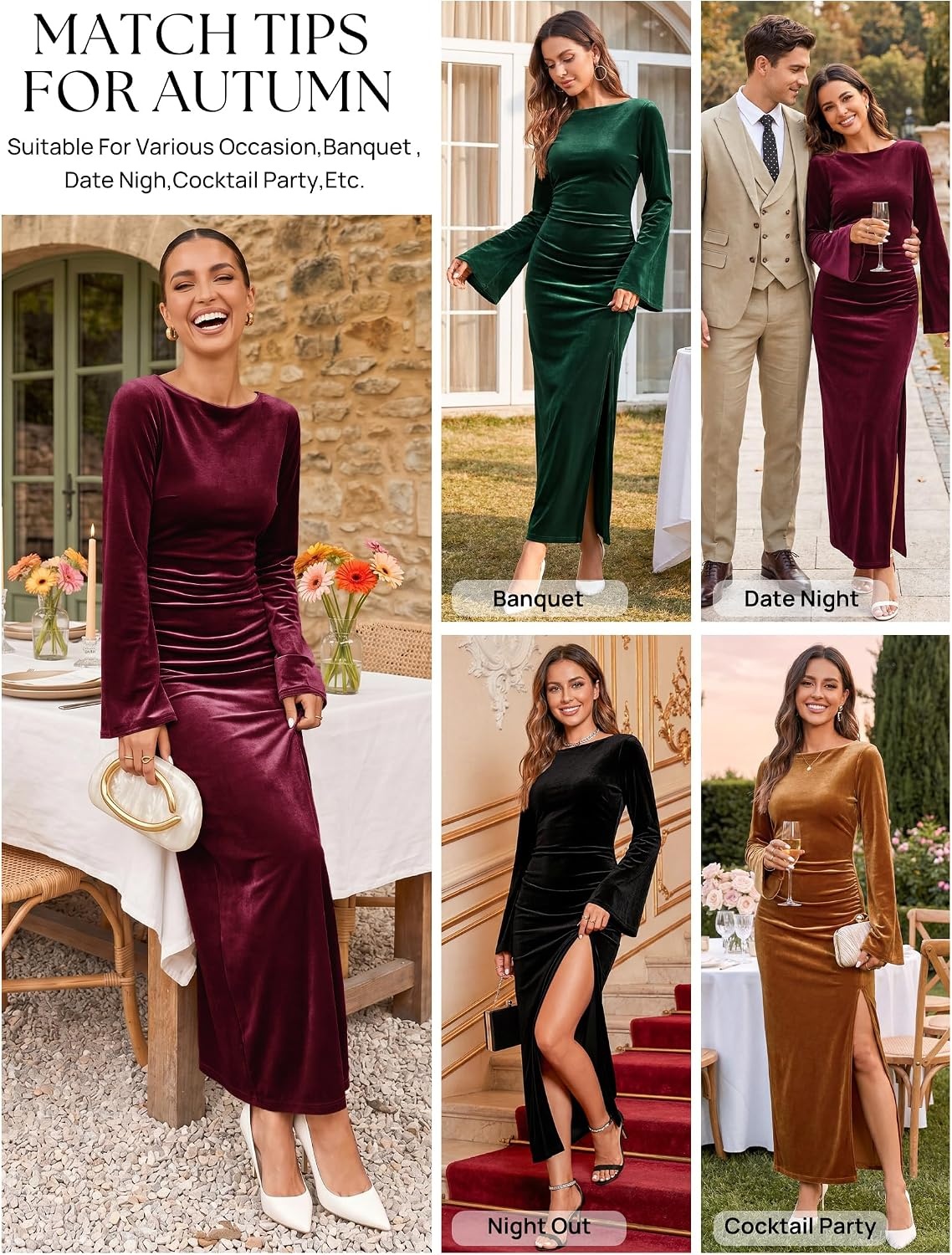 image:imageMEROKEETY Womens Fall Formal Long Sleeve Velvet Maxi Dress 2026 Bodycon Boat Neck Side Slit Ruched Details Solid Elegant Wedding Guest Cocktail Party Holiday Event Dinner FashionWine