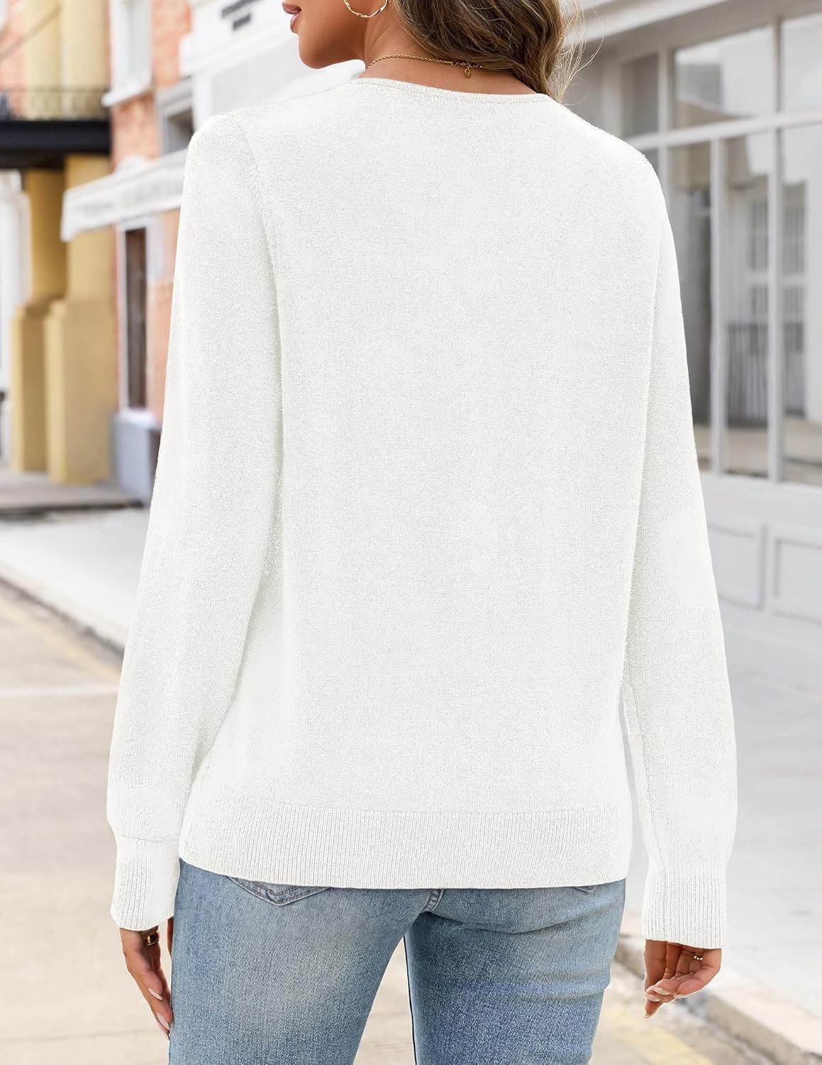 image:imageMEROKEETY Womens Fall Lace V Neck Button Up Cardigan Sweaters Trendy Work Long Sleeve Scalloped Trim Cozy Lightweight Soft Knit Sweater Top Fashion Old Money Clothes Dressy Casual Layering TopWhite