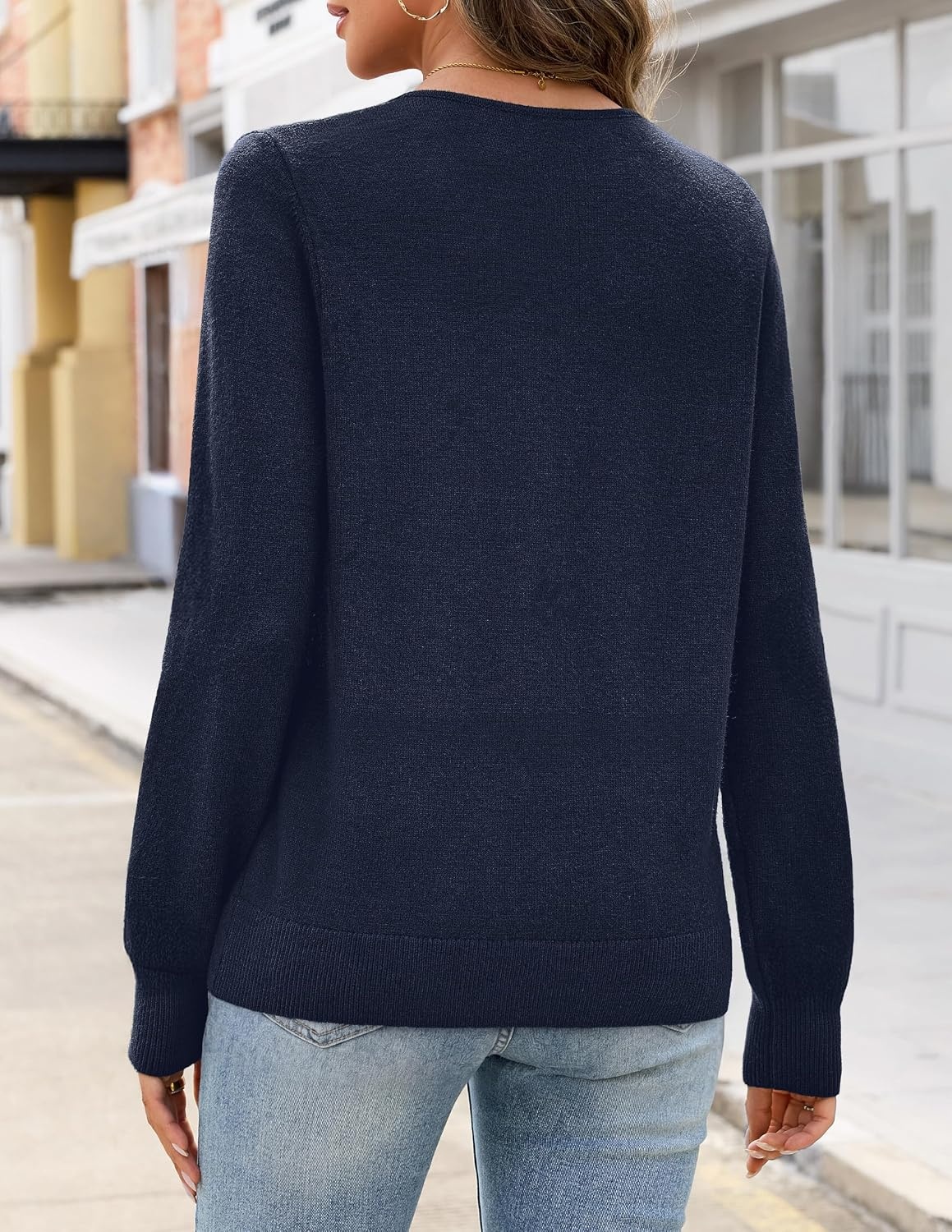 image:imageMEROKEETY Womens Fall Lace V Neck Button Up Cardigan Sweaters Trendy Work Long Sleeve Scalloped Trim Cozy Lightweight Soft Knit Sweater Top Fashion Old Money Clothes Dressy Casual Layering TopNavy