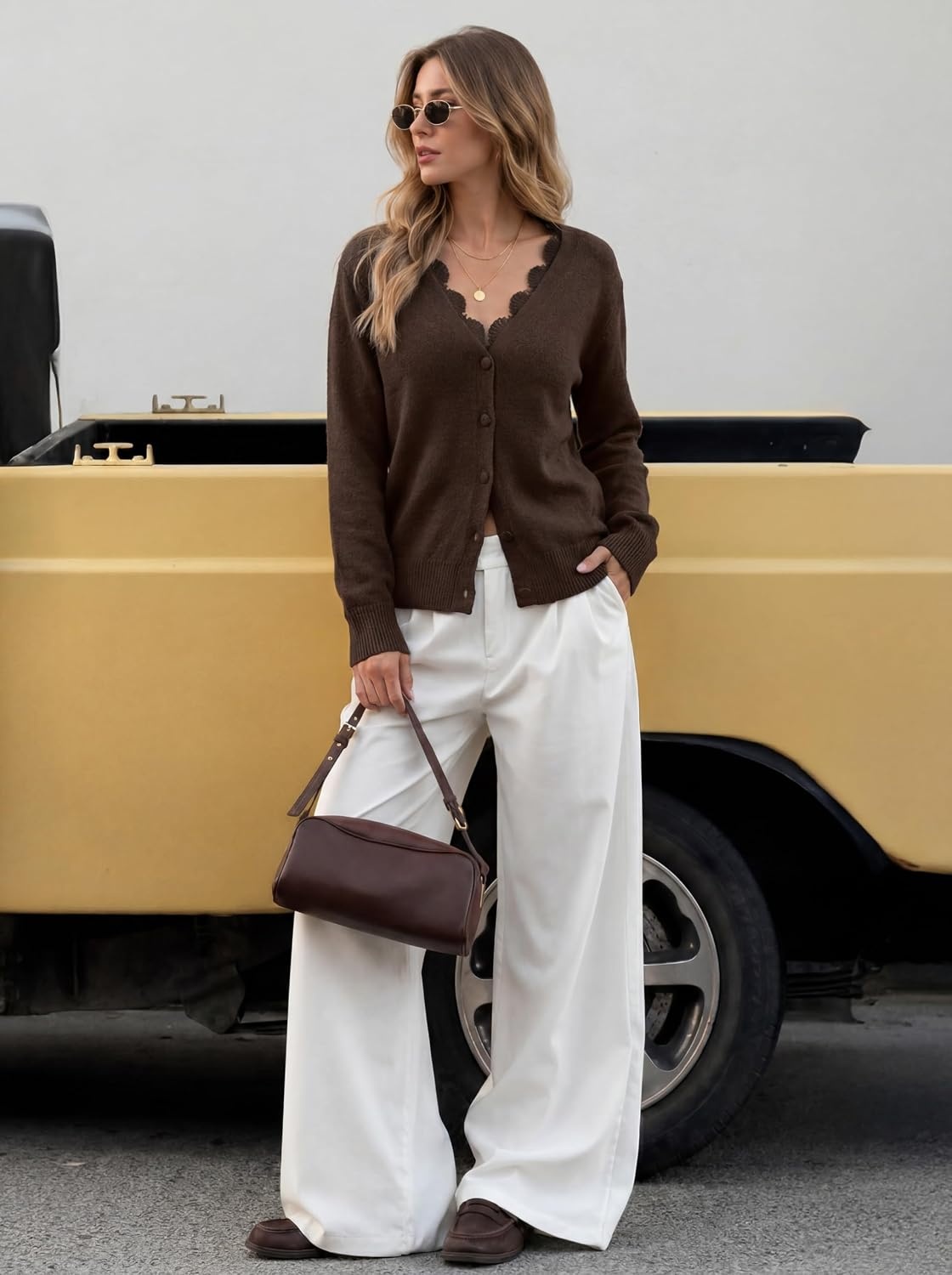 image:imageMEROKEETY Womens Fall Lace V Neck Button Up Cardigan Sweaters Trendy Work Long Sleeve Scalloped Trim Cozy Lightweight Soft Knit Sweater Top Fashion Old Money Clothes Dressy Casual Layering TopCoffee
