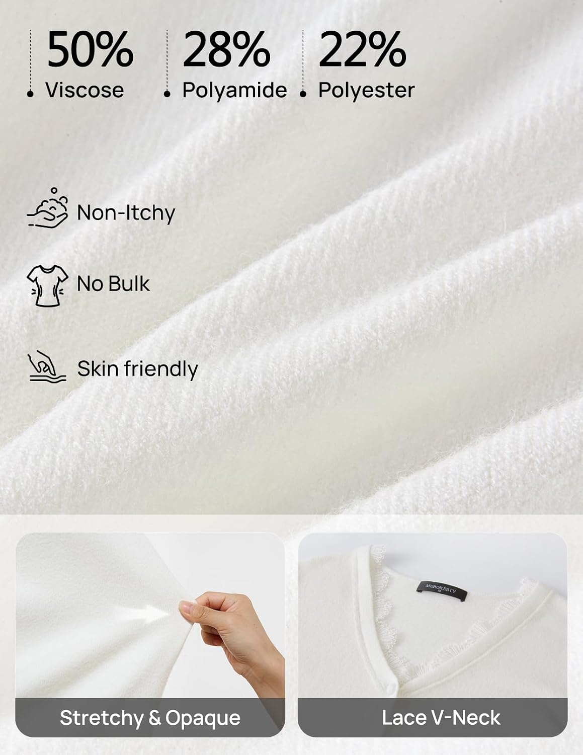 image:imageMEROKEETY Womens Fall Lace V Neck Button Up Cardigan Sweaters Trendy Work Long Sleeve Scalloped Trim Cozy Lightweight Soft Knit Sweater Top Fashion Old Money Clothes Dressy Casual Layering TopWhite