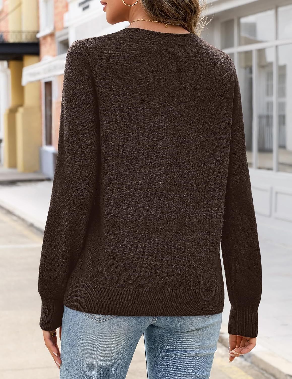 image:imageMEROKEETY Womens Fall Lace V Neck Button Up Cardigan Sweaters Trendy Work Long Sleeve Scalloped Trim Cozy Lightweight Soft Knit Sweater Top Fashion Old Money Clothes Dressy Casual Layering TopCoffee