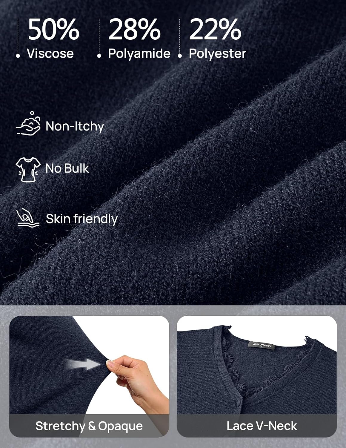 image:imageMEROKEETY Womens Fall Lace V Neck Button Up Cardigan Sweaters Trendy Work Long Sleeve Scalloped Trim Cozy Lightweight Soft Knit Sweater Top Fashion Old Money Clothes Dressy Casual Layering TopNavy