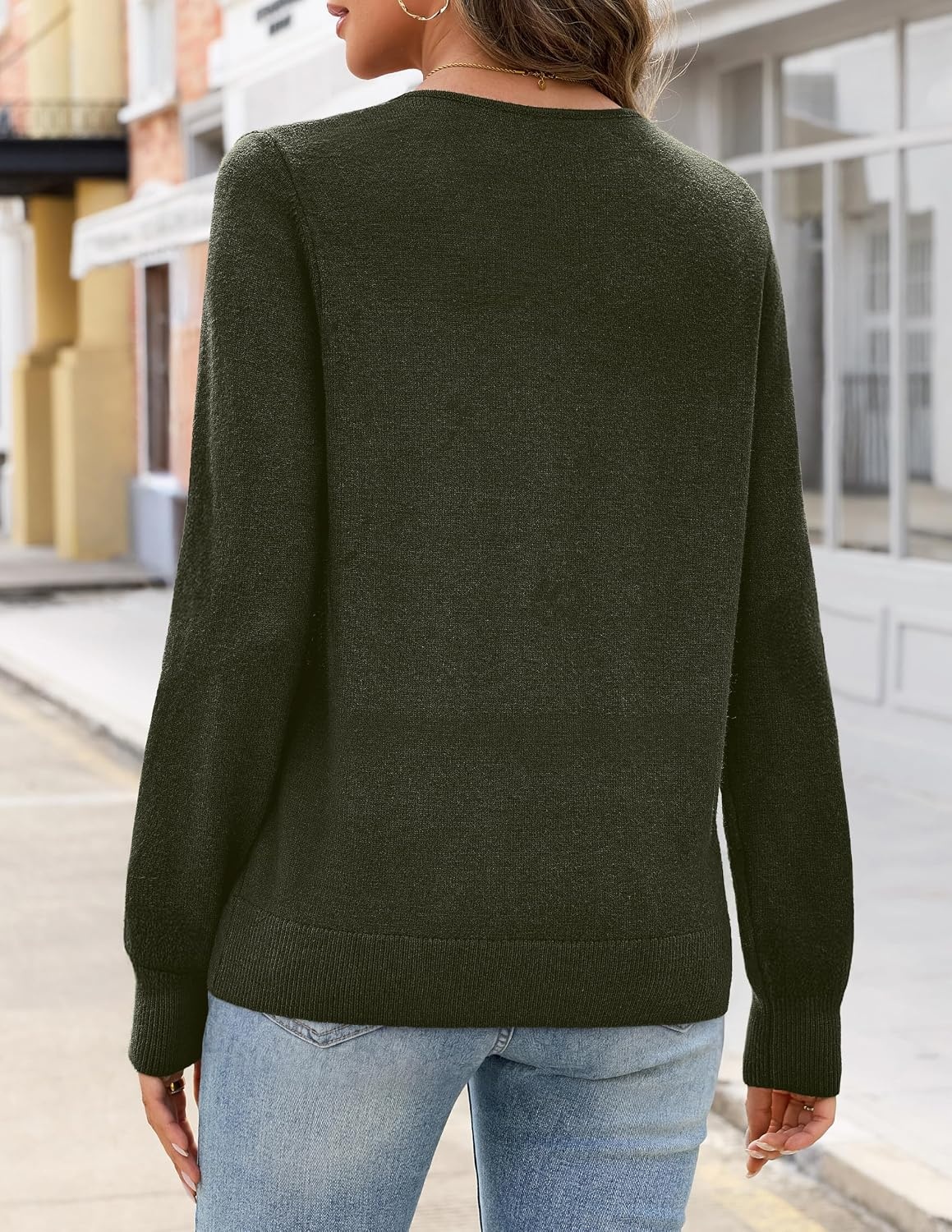 image:imageMEROKEETY Womens Fall Lace V Neck Button Up Cardigan Sweaters Trendy Work Long Sleeve Scalloped Trim Cozy Lightweight Soft Knit Sweater Top Fashion Old Money Clothes Dressy Casual Layering TopArmy