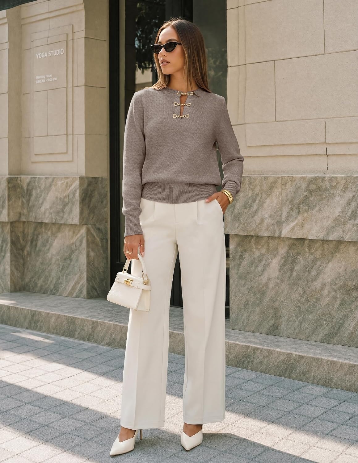 image:imageMEROKEETY Womens Fall Lightweight Sweater Business Casual Tops Ladies Work Sweaters Notched Neck Long Sleeve Horse bit Accents Vintage Pullover 2026 Winter Fashion ClothingCamel