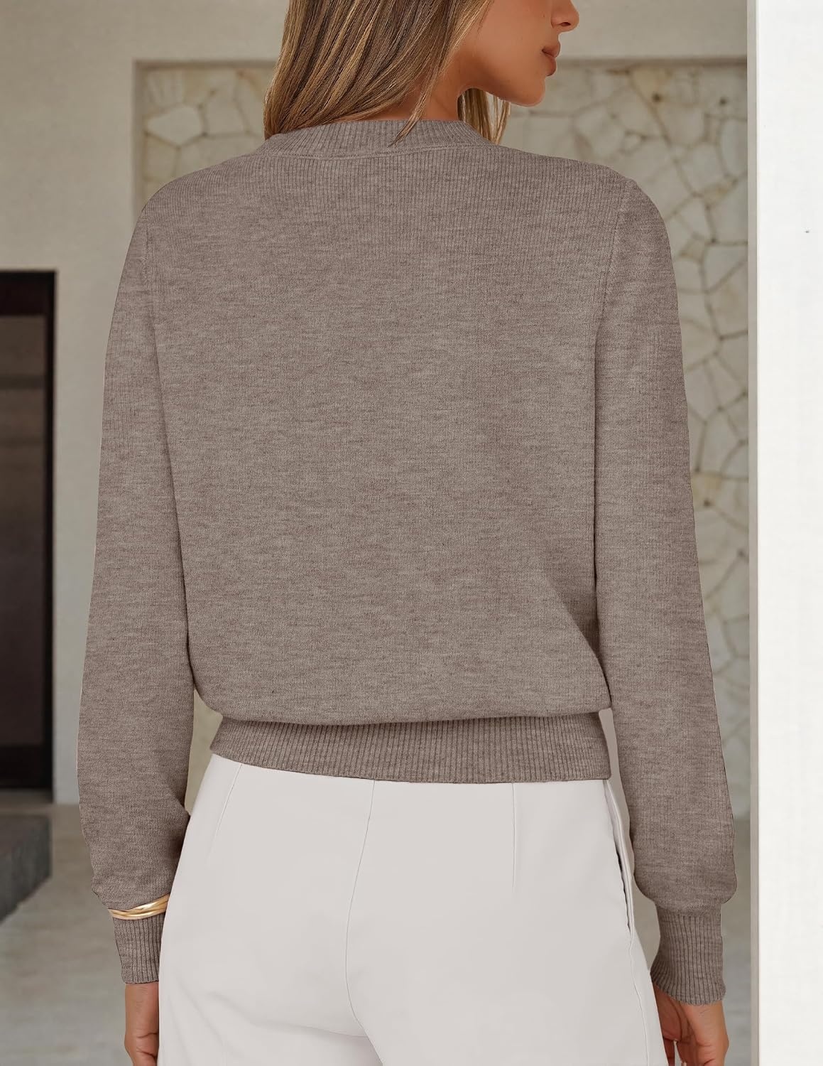 image:imageMEROKEETY Womens Fall Lightweight Sweater Business Casual Tops Ladies Work Sweaters Notched Neck Long Sleeve Horse bit Accents Vintage Pullover 2026 Winter Fashion ClothingCamel