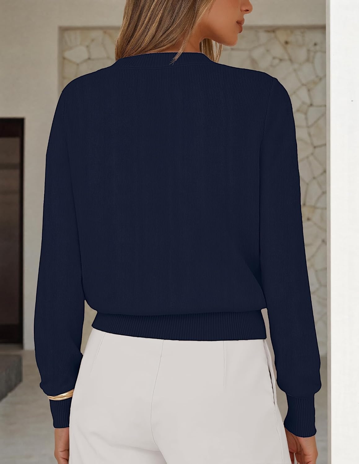 image:imageMEROKEETY Womens Fall Lightweight Sweater Business Casual Tops Ladies Work Sweaters Notched Neck Long Sleeve Horse bit Accents Vintage Pullover 2026 Winter Fashion ClothingNavy